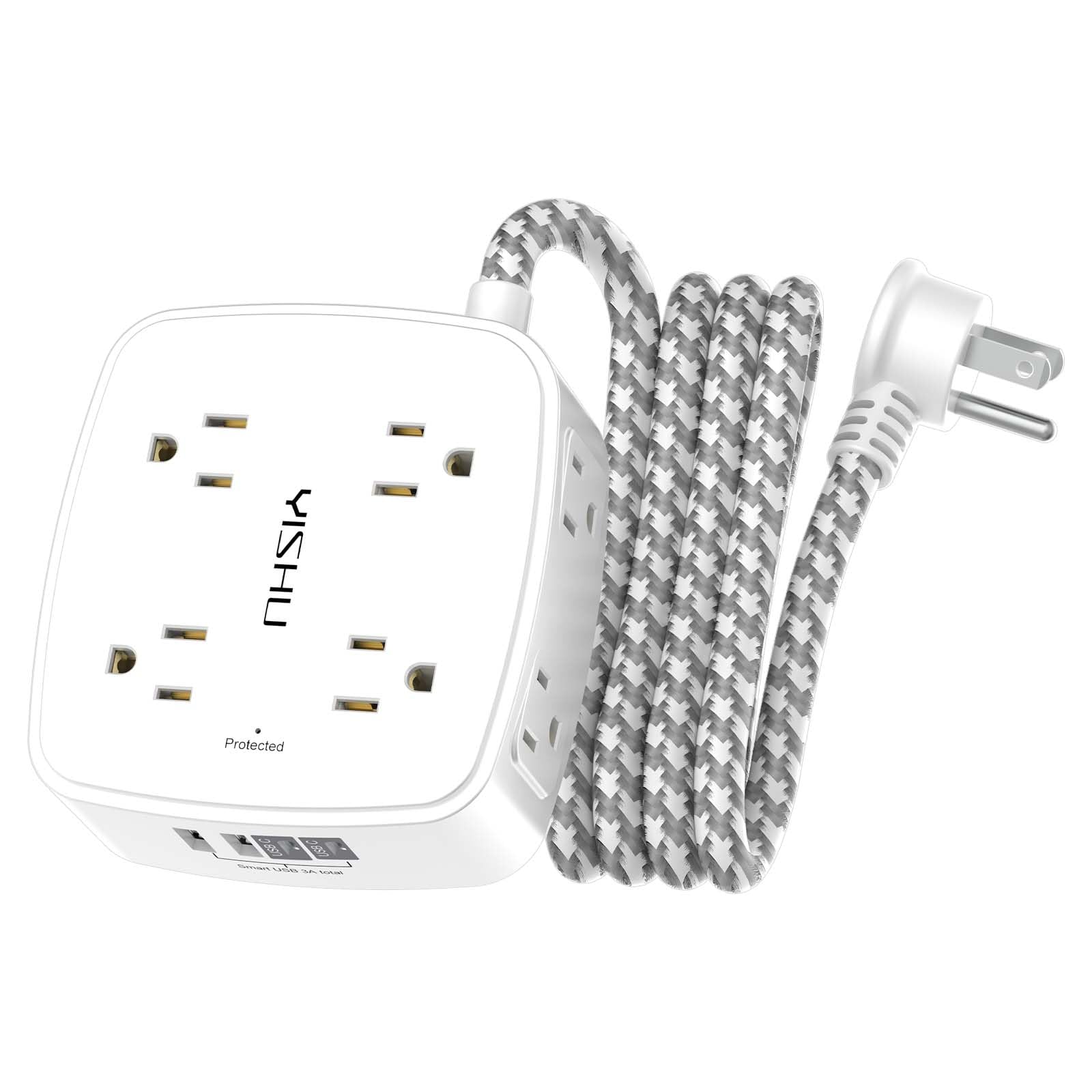 Surge Protector Power Strip - YISHU 8 Outlets with 4 USB (2 USB C) Charging Ports, 6Ft Braided Extension Cord, Flat Plug Multi Plug Outlet Extender Charging Station for Home Office, ETL, White 6 Ft White(Braided)