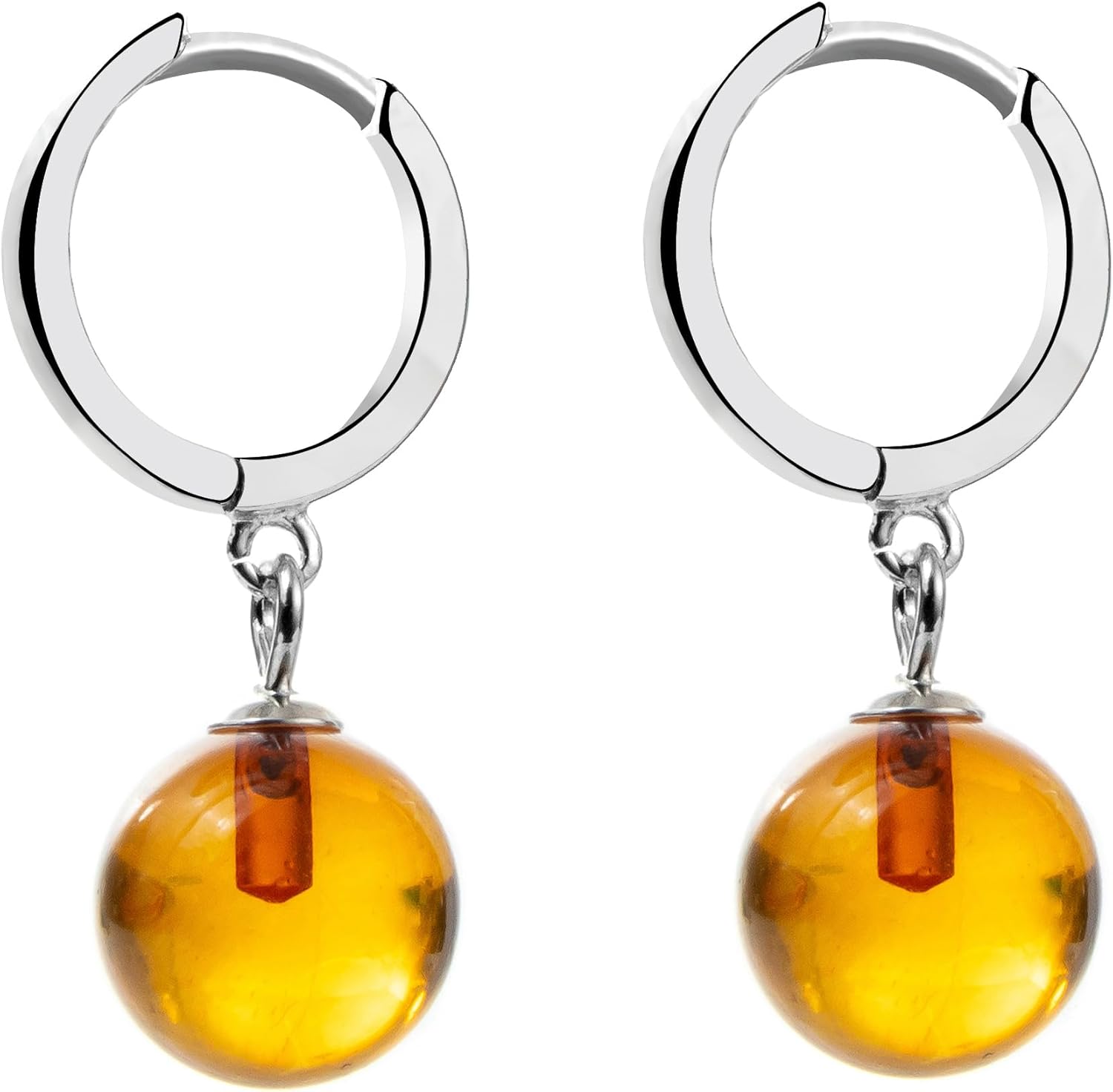 Genuine Baltic Amber Small Hoop Earrings for Women in Sterling Silver, Rich Cognac Color