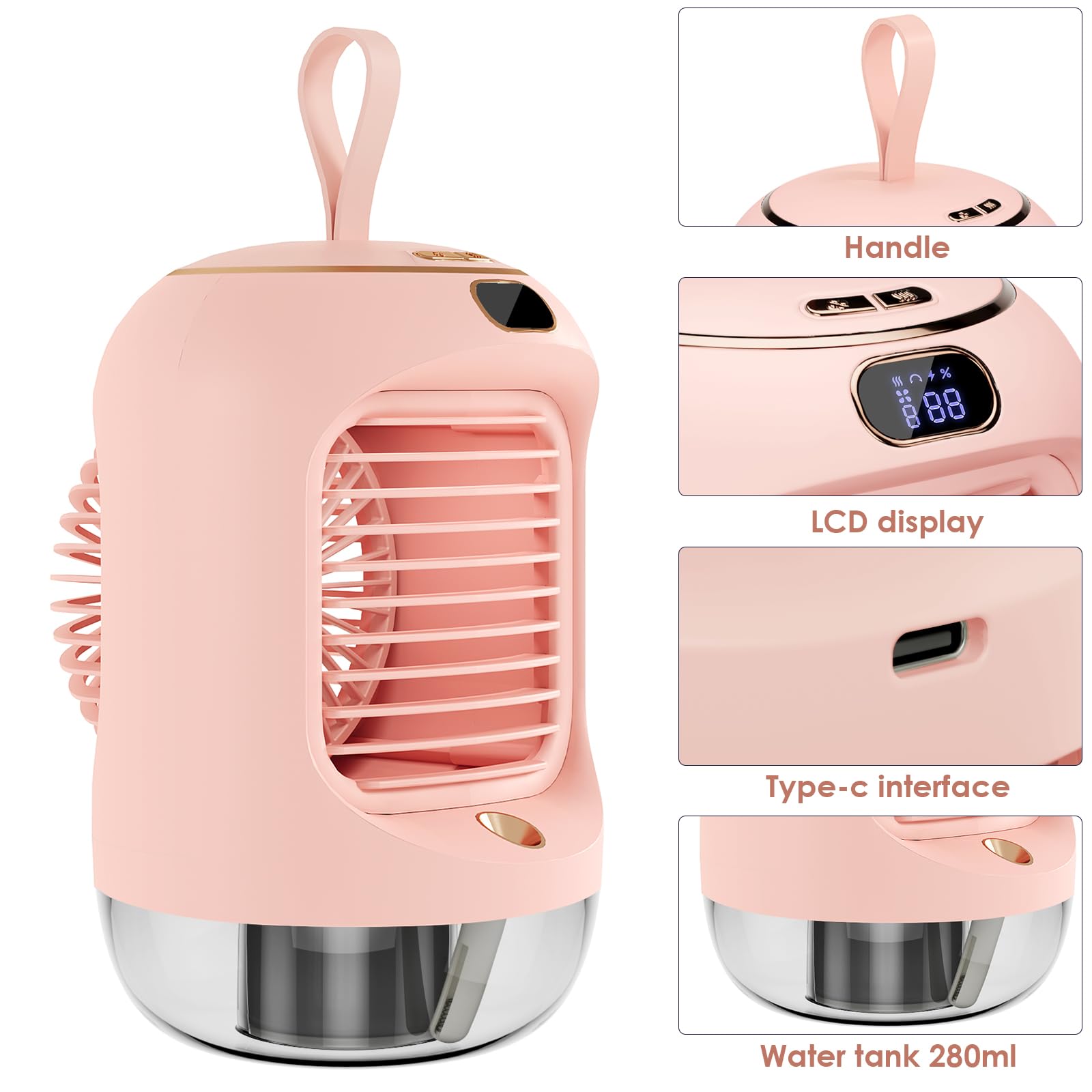 Obrotowy przenośny klimatyzator, mini wielofunkcyjny klimatyzator USB, z 3 prędkościami, lampka nocna, oscylacja 180°, przenośna, osobista chłodziarka powietrza do pokoju, biura (Vine 11)