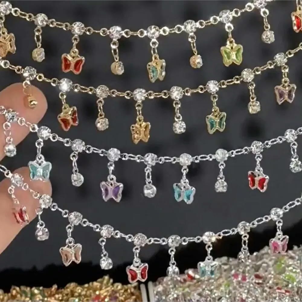 Catena con Ciondolo a Farfalla Lucida da 10 m con Perline di zircone e Maglie in Rame per Braccialetti Fai da Te e Accessori per la creazione di Gioielli