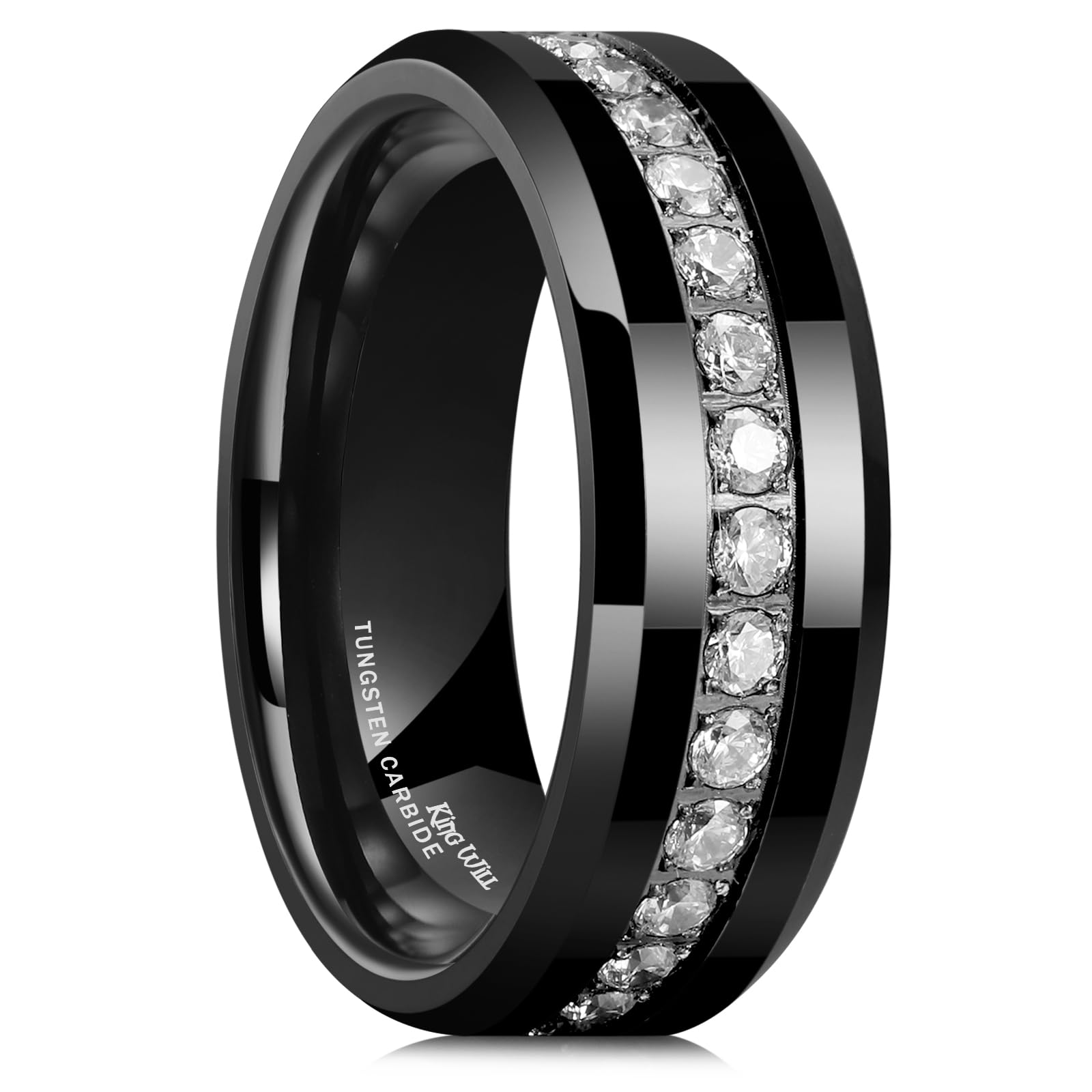 King Will 8mm Tungsten Carbide Wedding Band for Men, Polished White Cubic Zircon Stones Inlay, Comfort Fit Rings for Men Wedding, Engagement and