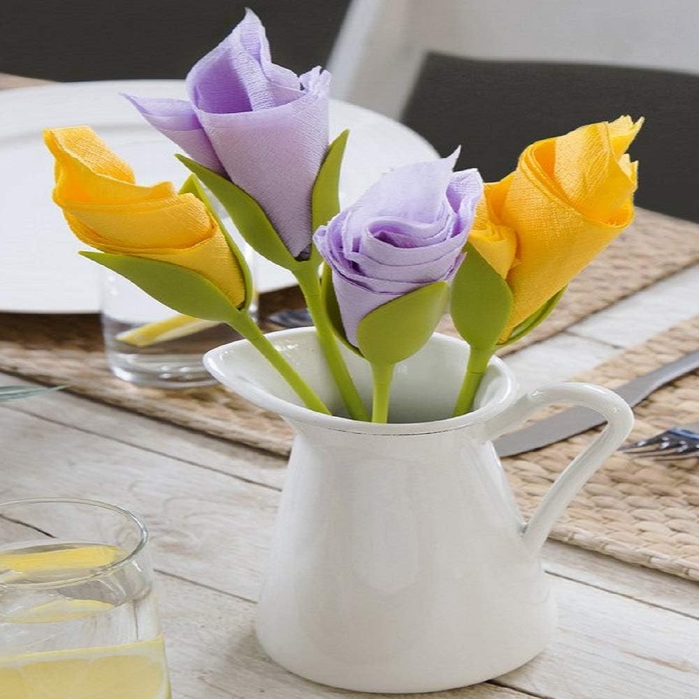 Kriva Bloom โ Napkin Holders for Tables, Set of 4 Green Stemmed ABS Twist Flower Buds Serviette Holders Plus White Napkins for Making Original Table Arrangements
