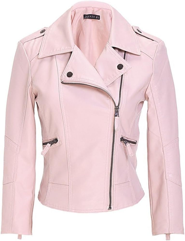 YYF Women's Slim Faux Leather Moto Biker Short Coat Jacket Pink