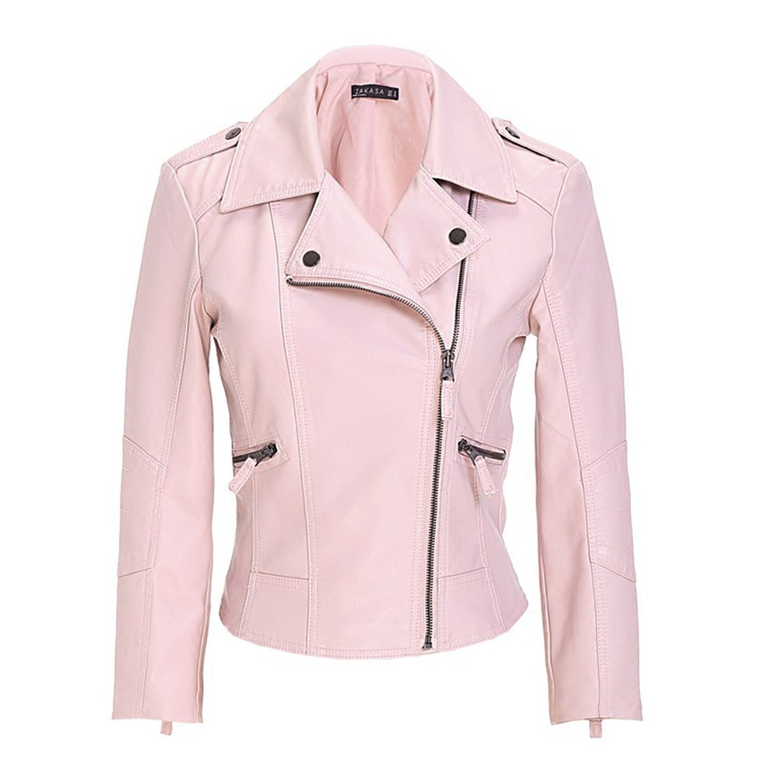 YYF Women's Slim Faux Leather Moto Biker Short Coat Jacket Pink