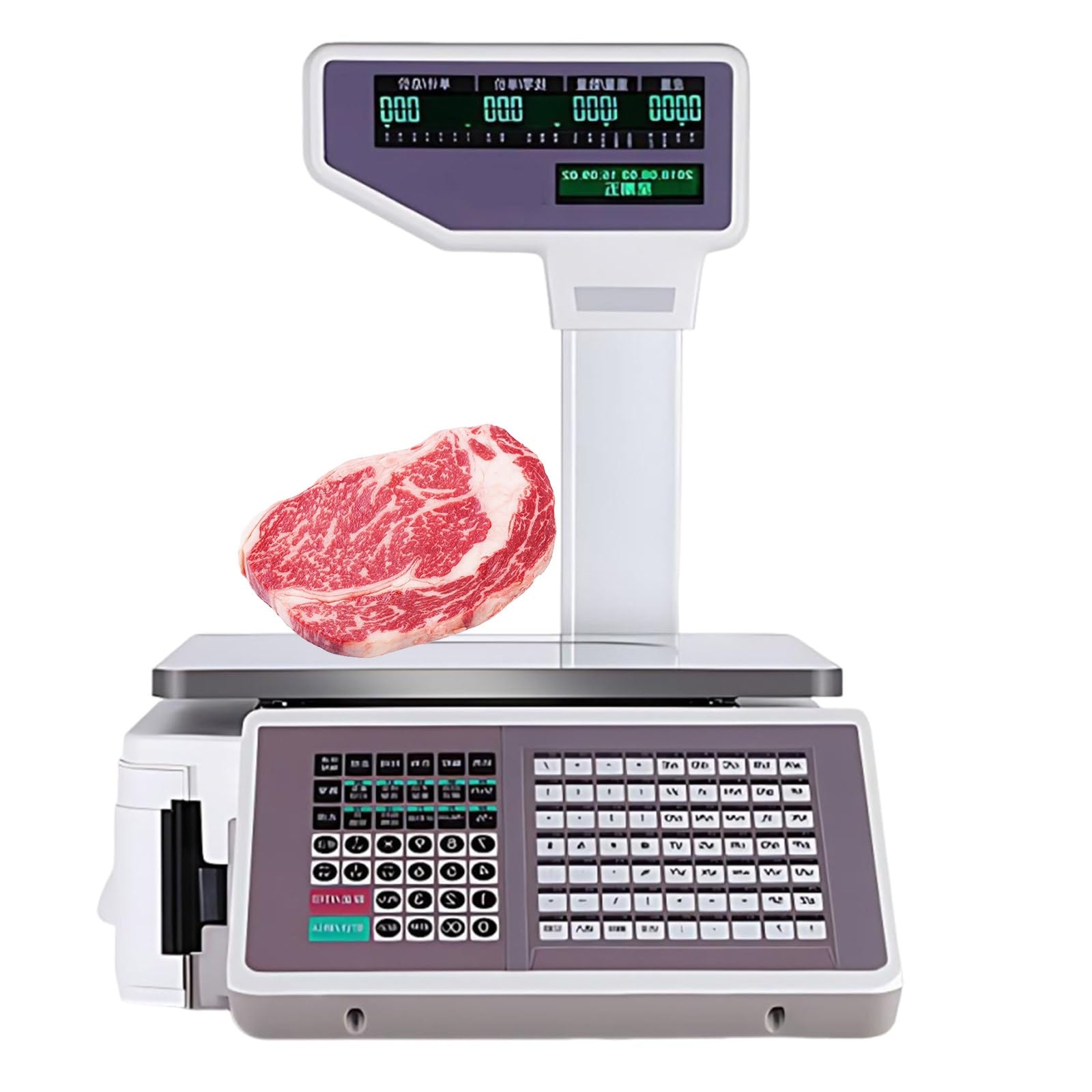 Balanza con Impresora de Etiquetas y calculadora de Precios, con Doble Pantalla LCD e Impresora térmica, Capacidad de 30 kg, Ideal para supermercados, carnicerías y mercados.