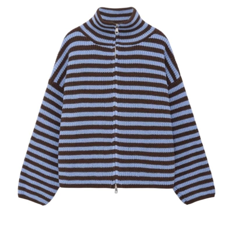 Gilet Cardigan Rayé Zippé pour Femme en Maille Douce À Manches Longues Style Pull Oversize Décontracté Léger Et Confortable Idéal pour L'Oktoberfest Le Bureau Les Voyages Et Le Quotidien en A