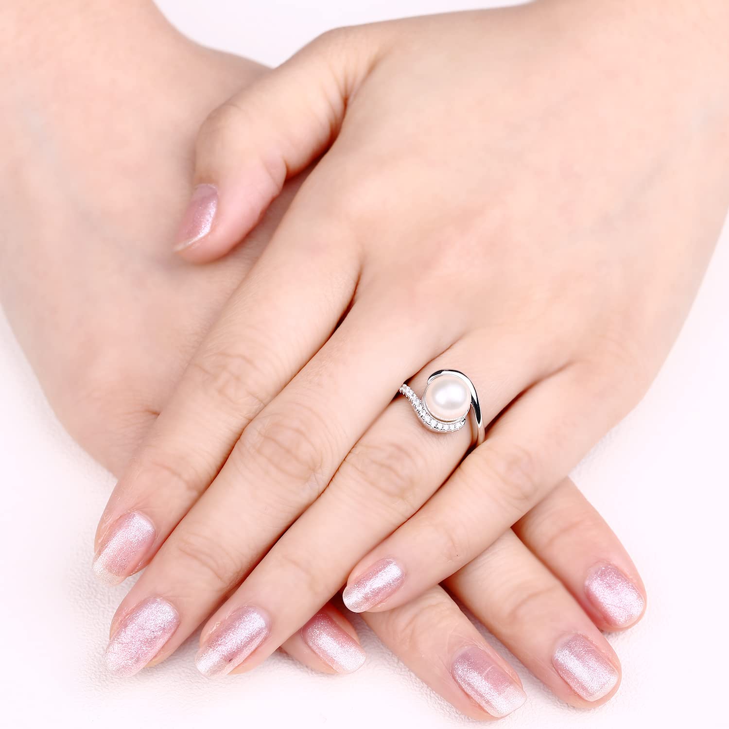 JO WISDOM Damen Ring Silber 925 mit 3A Zirkonia,Perlenring mit 9mm Süßwasserperle,Schmuck für Frauen