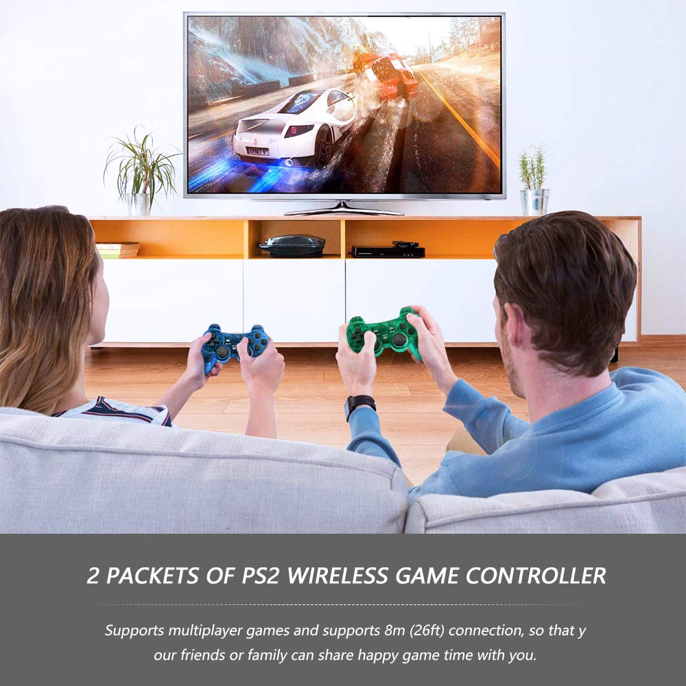 Achort Wireless Controller for PS2 Playstation 2.4G Gamepad Joystick Remote with Dual Shock Vibration Sensitive Control Wirelless Receivers (ClearBlue and ClearGreen)