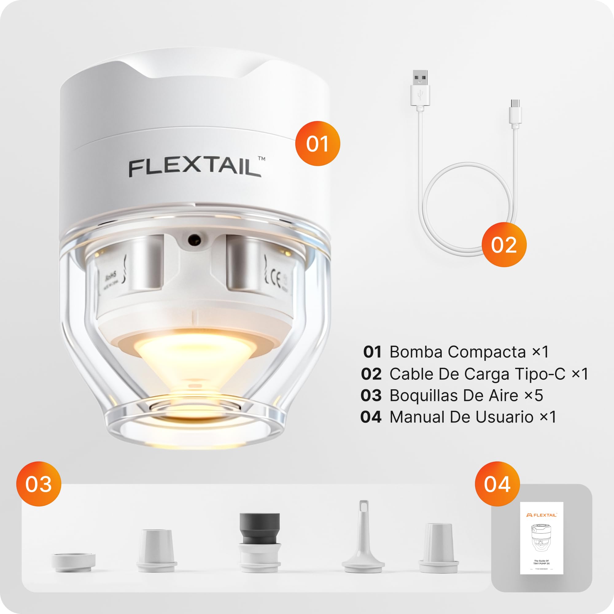 Bomba de Aire Portátil FLEXTAILGEAR, Inflador Eléctrico con Luz 5 Modos, Silenciosa, Mini Bomba para Colchón, Esterilla, Bolsas de Vacío y Flotadores