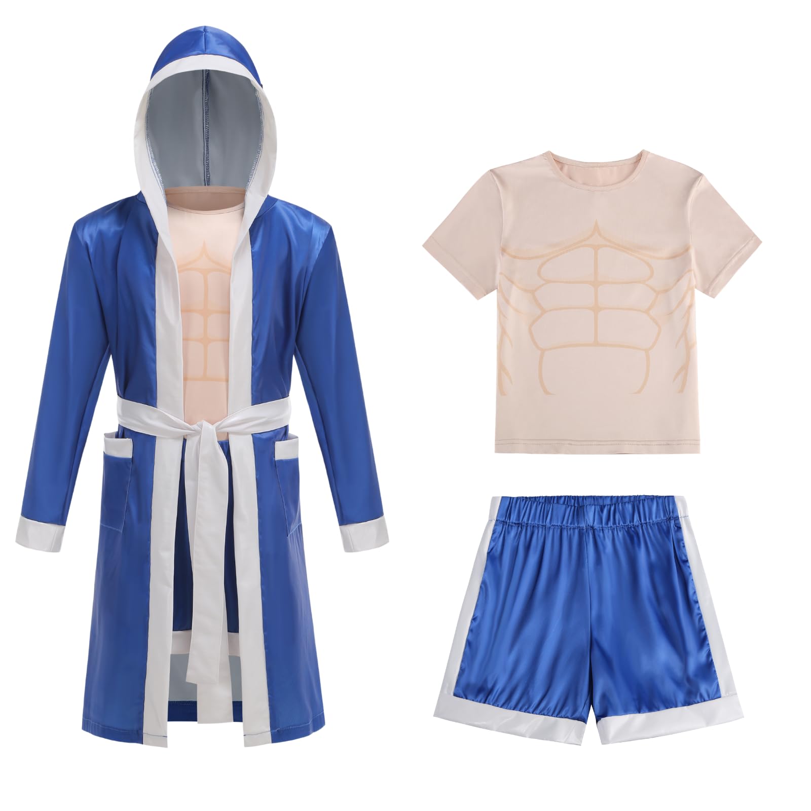 DELIVESS Boxing Costume Kids with Hooded Robe Halloween Party Kids Boxing Shorts Boxer Costume S (Blue, 6-8Y)