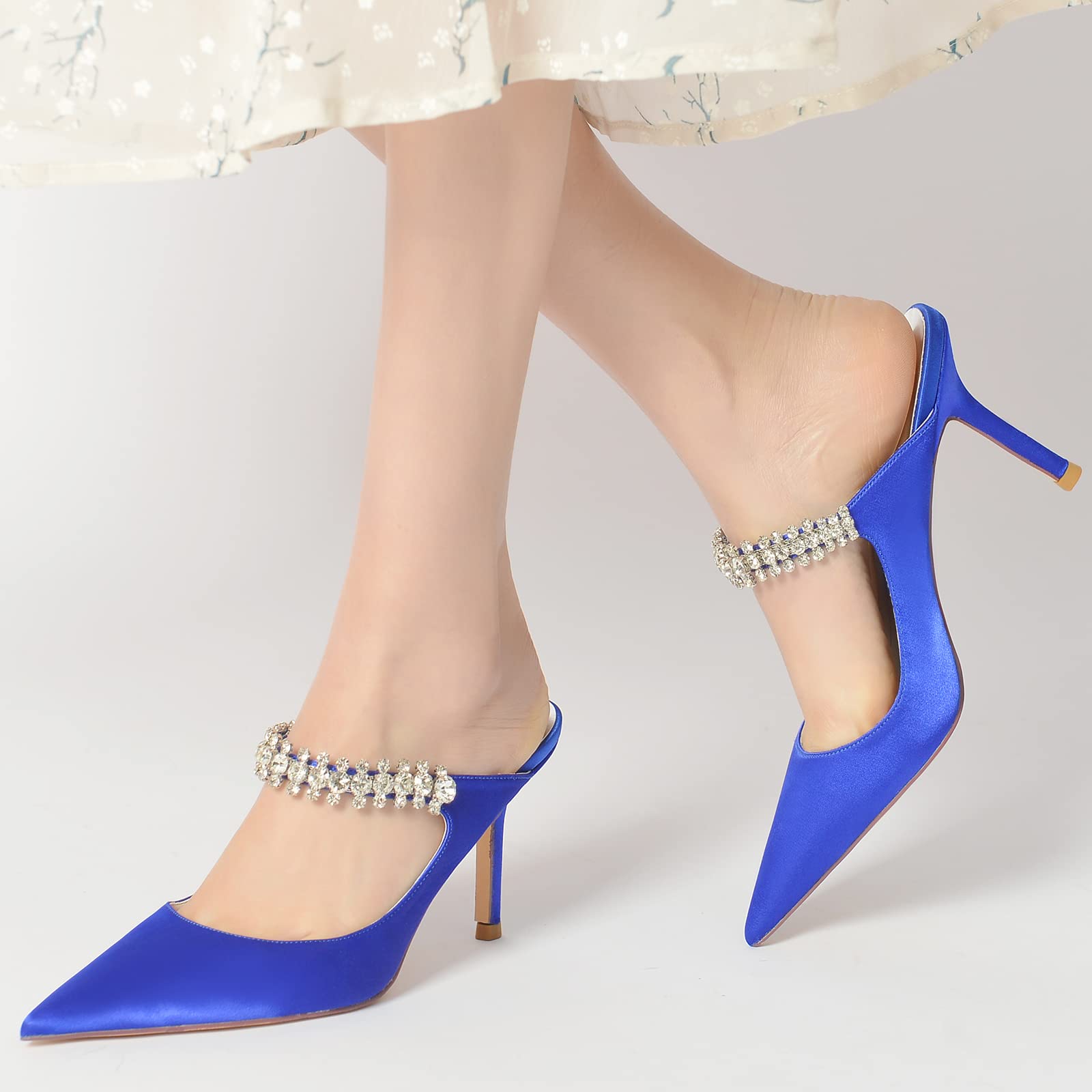 Womens Formal Shoes for Wedding, Low Heel Pointed Toe Party Prom Pumps Mule, Rhinestones Decorated, Elegant Heels, Bridal Party Shoes