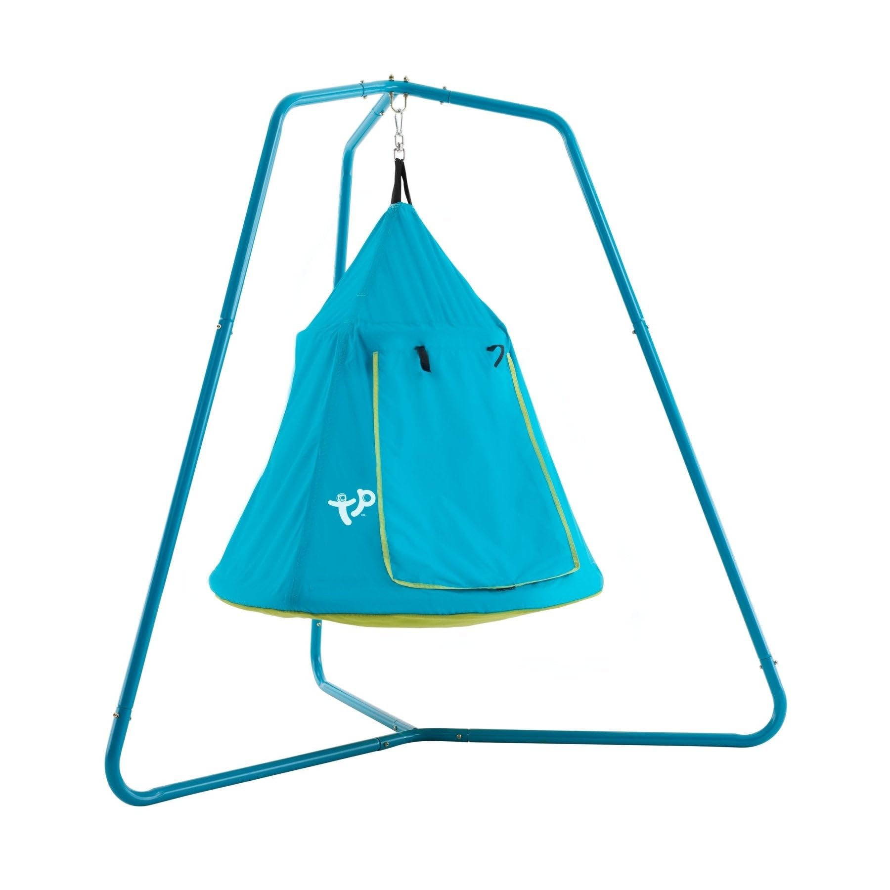 TP Toys Zelt UFO blau mit Stativ – Hängender Spielplatz für Kinder – Tür und Fenster aus Netz – kompakt für kleine Gärten – ab 2 Jahren – inklusive Verankerungsset