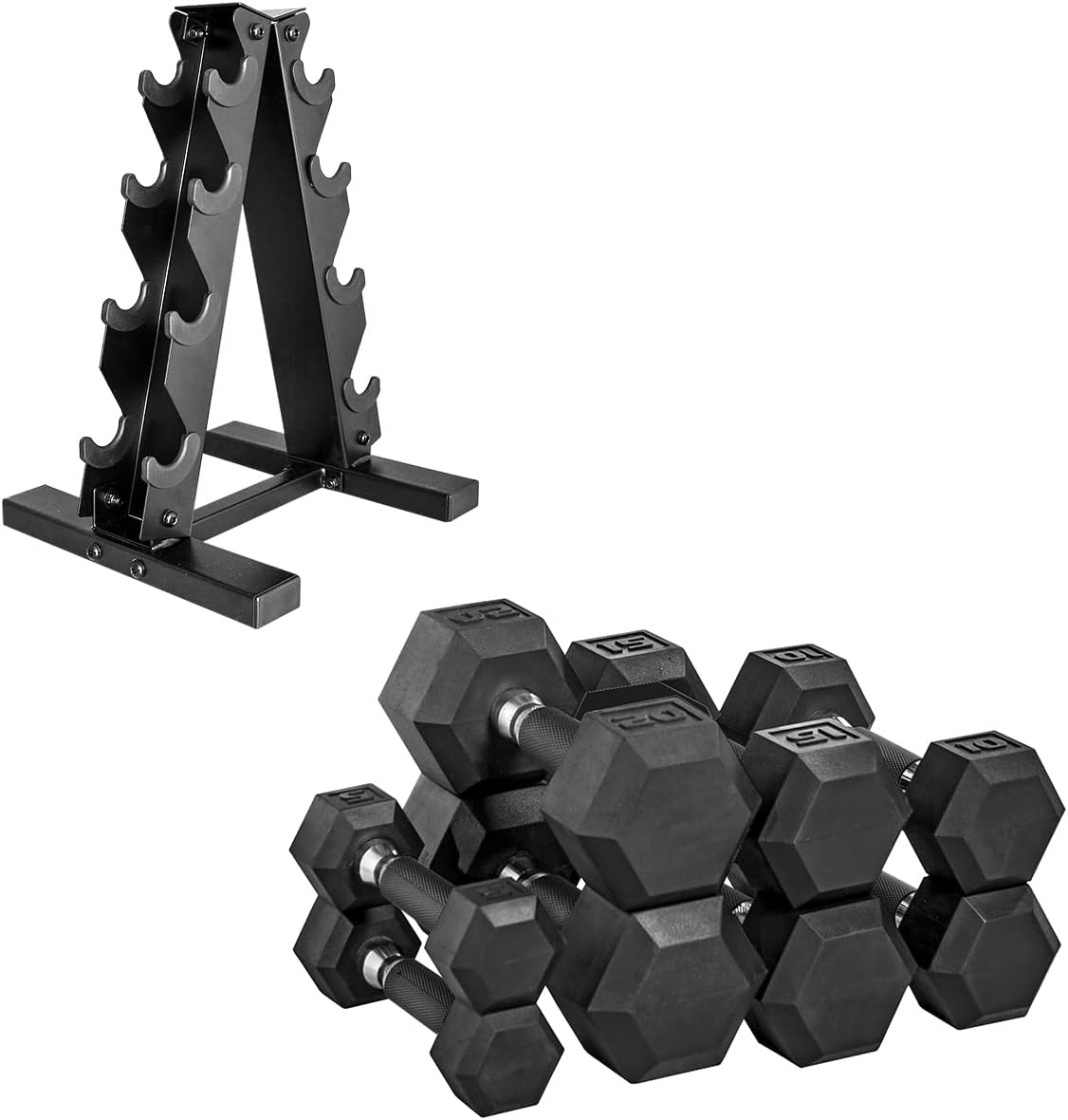 Barbell Rubber Coated Dumbbell Weight Set with Vertical Rack | 100 lb, 150 lb, and 210 lb Options