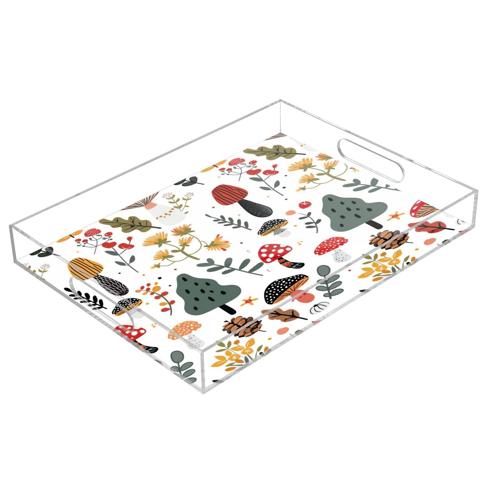 BOESI Doodle Mushroom and Flower Pattern Acrylic Decorative Dining Tray, Acrylic Decorative Tray Organizer with Handle for Kitchen, Dining Room, Bathroom, Dresser