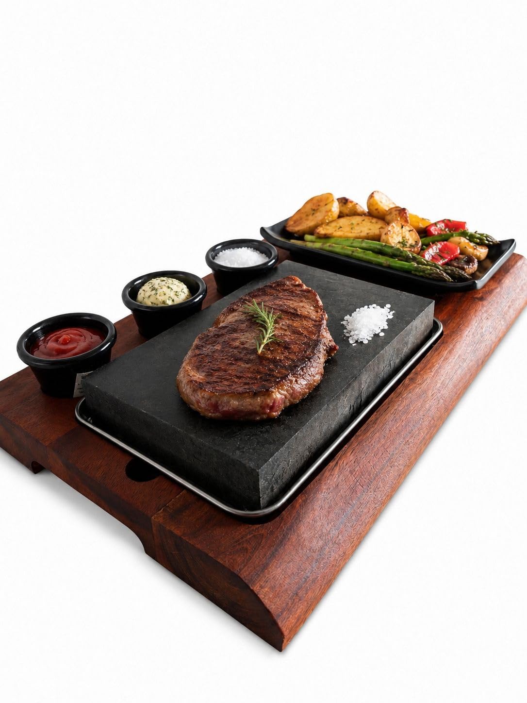 Heißer Stein Steak Set mit Akazienholzbrett – Lavastein zum Grillen am Tisch, Steakstein mit Edelstahlschale & 3 Dip-Schalen, Hot Stone Grill für Steak & Fleisch