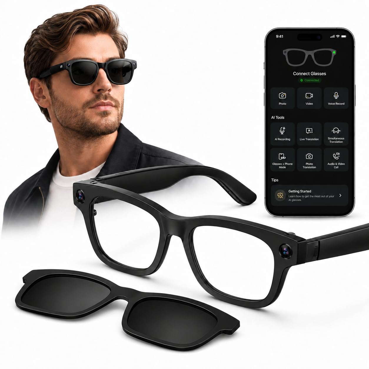 AI Smart Glasses for Work Travel Study, Real-Time Translation, ChatGPT Voice Assistant, HD Camera, Bluetooth Calls&Music, Recording, Replaceable Prescription&Sunglasses Lenses, Teens Men Women Glasses-image-19
