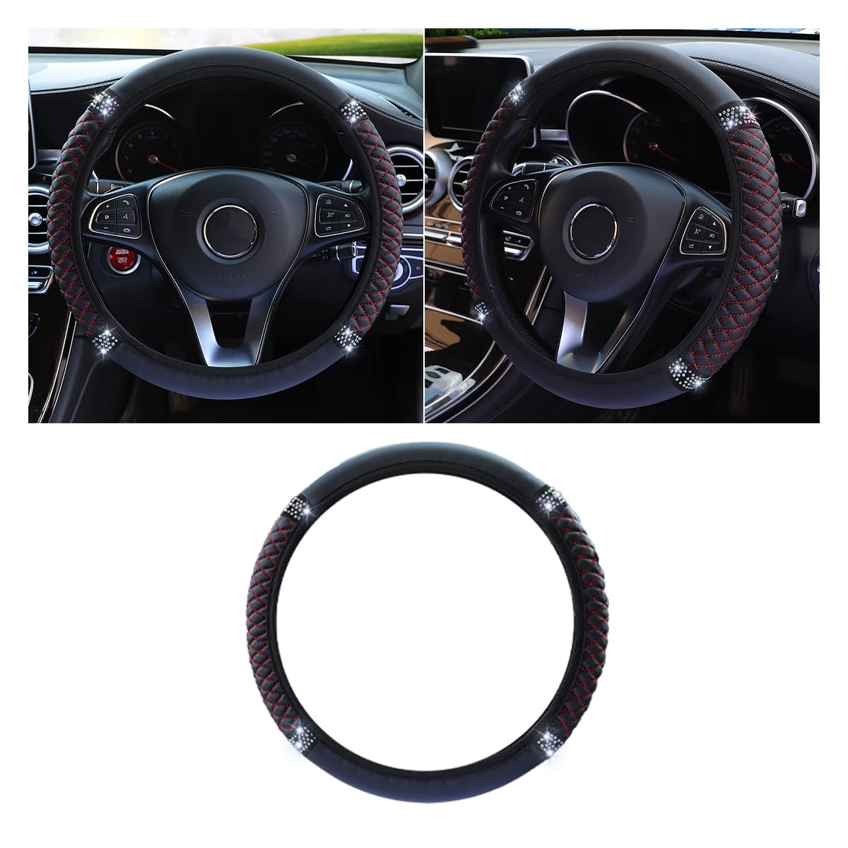 JOYCOURT 15 Inch Bling Soft Leather Car Steering Wheel Cover, Black Red