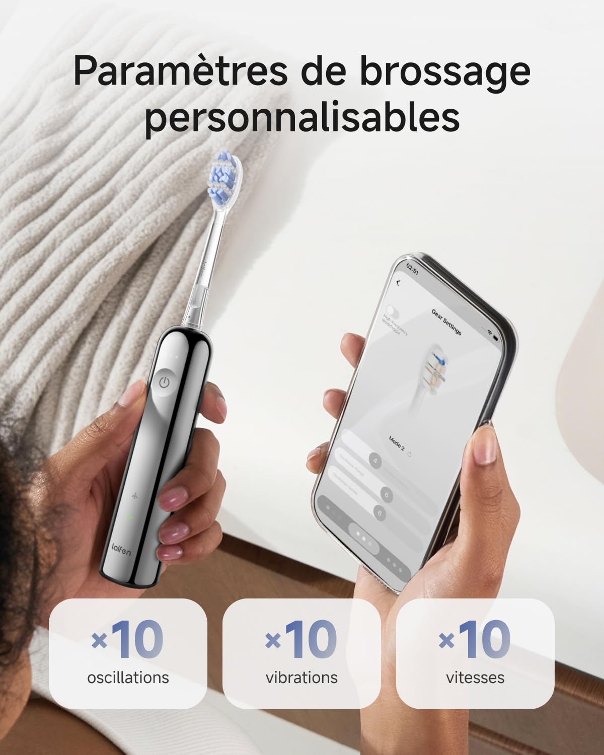 Laifen Wave Pro Brosse À Dents Électrique Technologie WaveMotion, 60° Oscillation 66 000 VPM, 70 Jours d'Autonomie, Capteur de Pression, Charge Sans Fil avec 2 Têtes Pro (Acier Inoxydable)