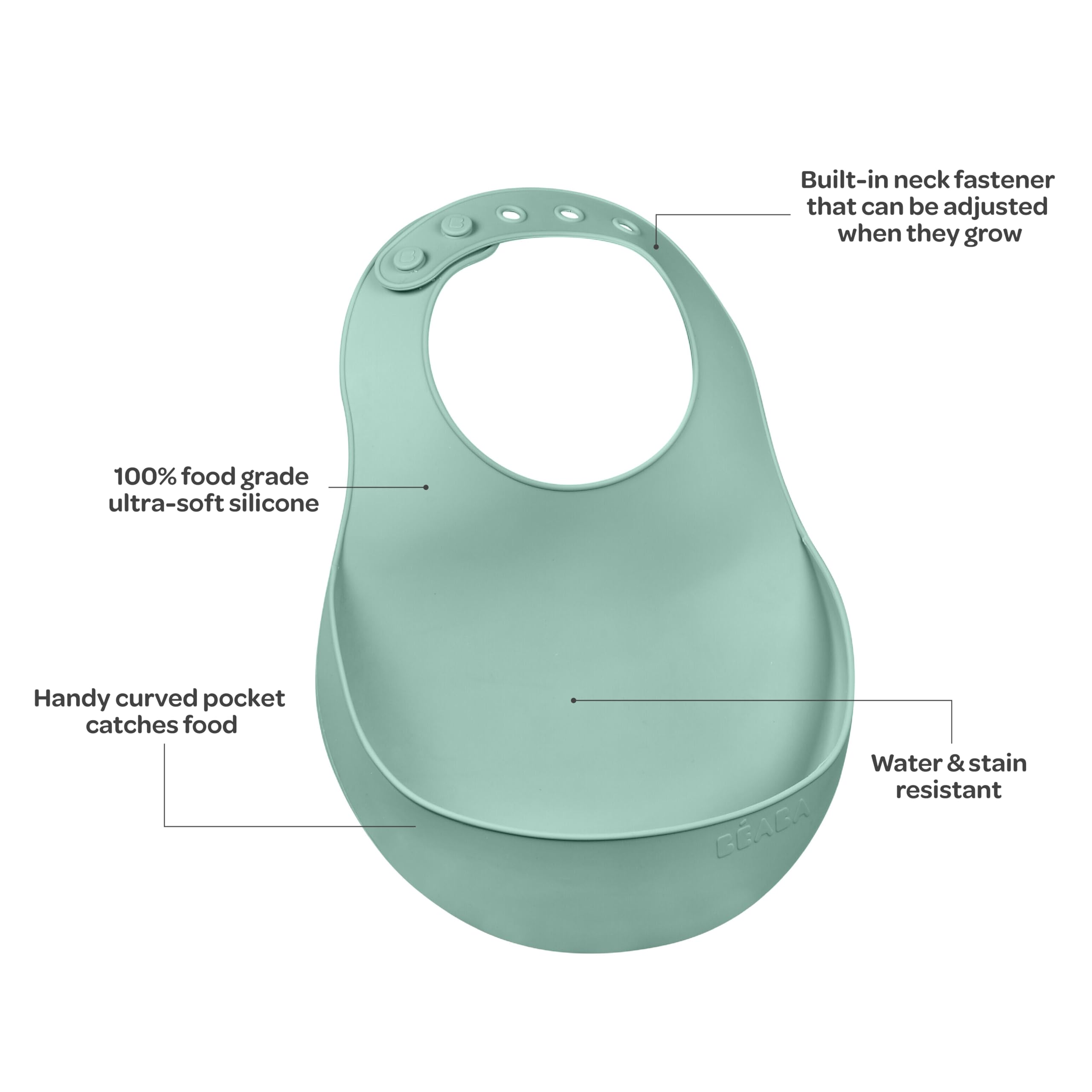 BÉABA Bavoir Bébé Silicone Imperméable Tour de cou ajustable Poche rattrape aliments Vert Sauge