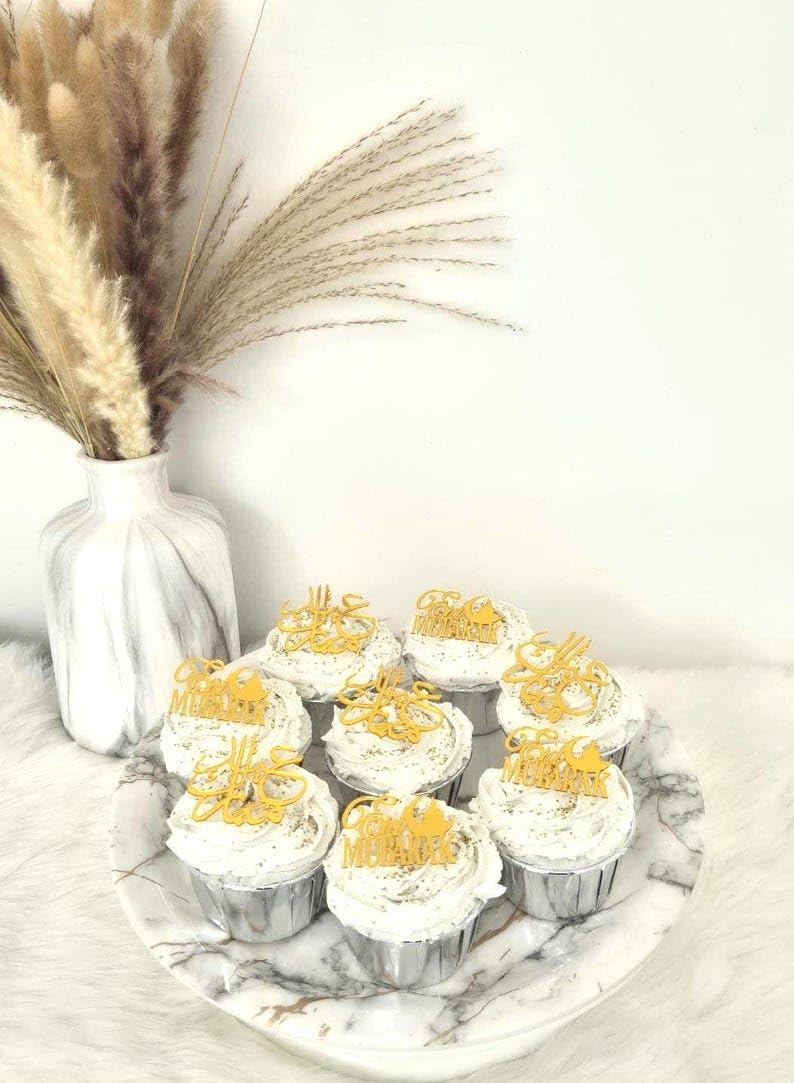 Eid Mubarak Cupcake Toppers, Dark Gold Acrylic Toppers, Pack of 10