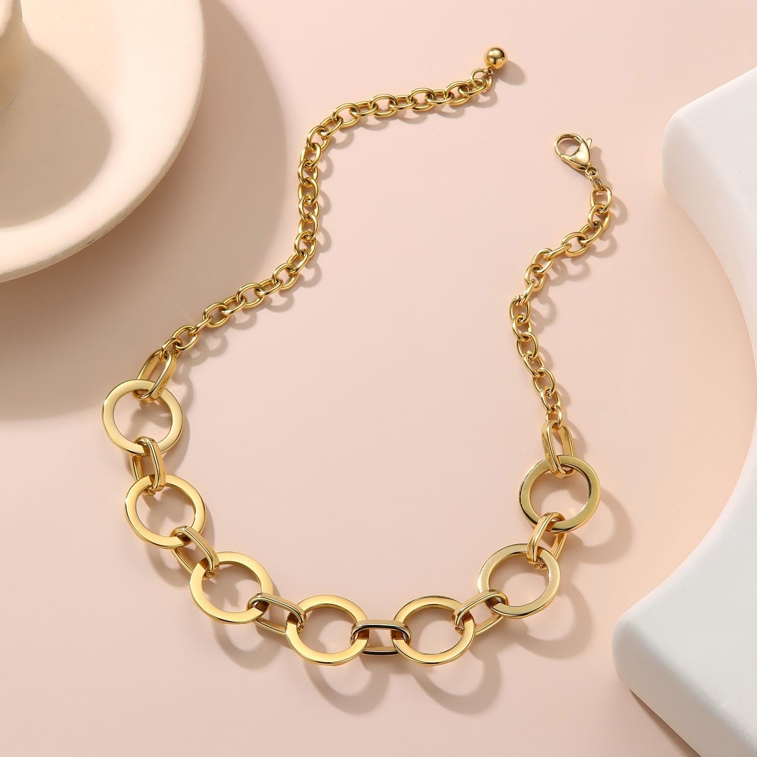 Gold Necklace for Women, Chunky Gold Necklace, Statement Necklace for Women, 18k Gold Plated and Silver Plated Loop Chain Link - Chunky Fashion Pendant Jewelry - Image 3
