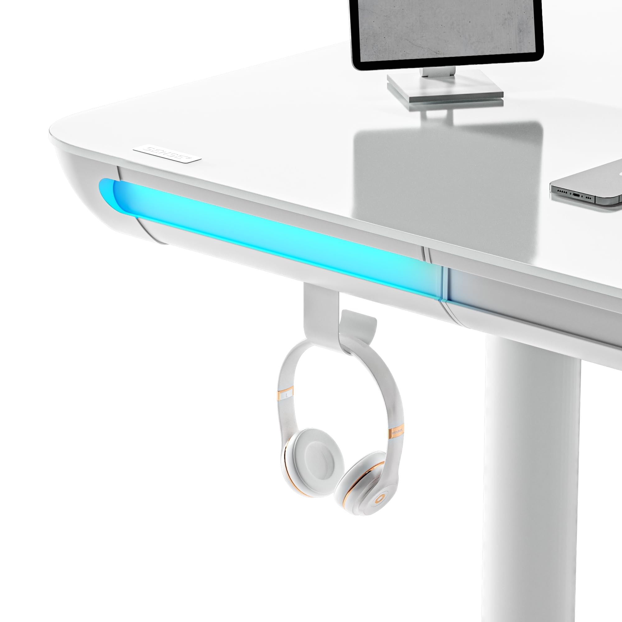 SENSE7 Nomo LED Gaming Schreibtisch, 120x60cm, Höhenverstellbar, USB-C, USB 3.0, Glas, Schublade, Haken, Modern, Weiß, Erwachsener, Home Office, Büro, Lernzimmer, Wohnzimmer