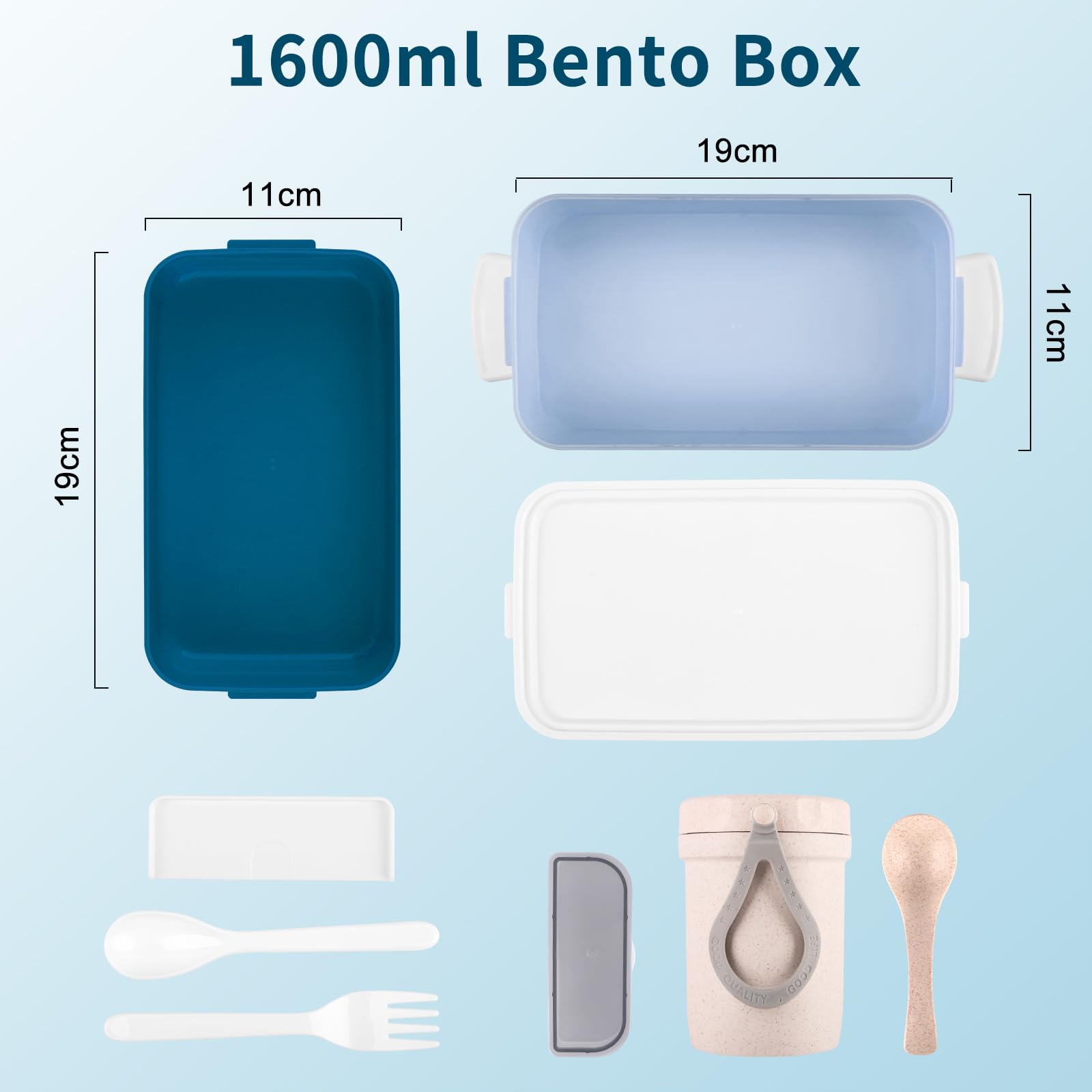 VEIOK Bento Lunch Box Adult 1600ml Lunchbox Stackable with Compartments and Bag (Blue) - Image 2