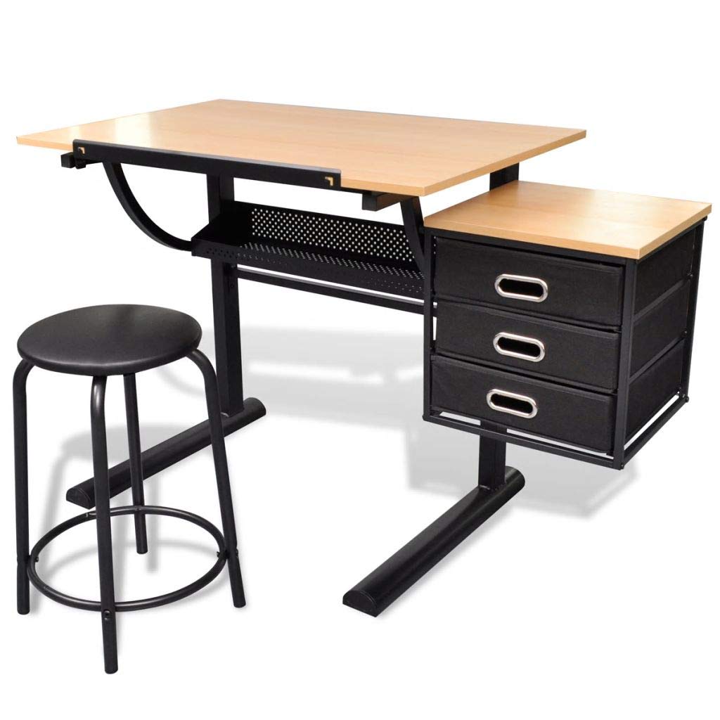 mewmewcat Table à Dessin, Tableau Inclinable avec 3 Tiroirs et Tabouret pour Dessiner MDF 119,5 x 60 x 106 (L x P x H)