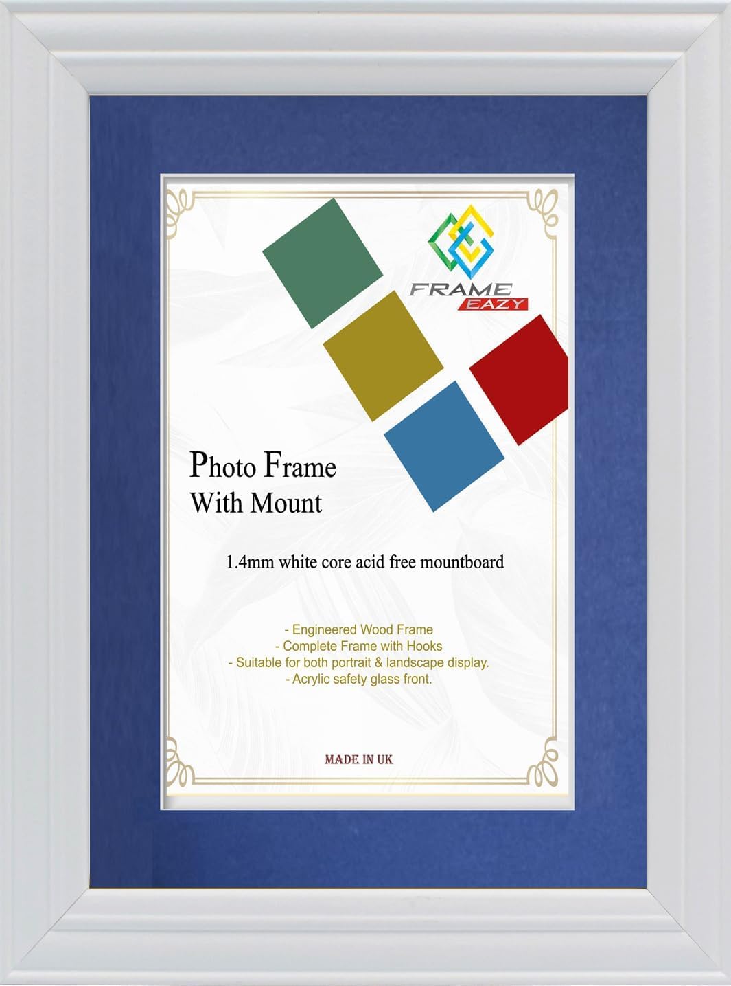 FRAME EAZY White 18x14 Photo Frame with 14x10 Blue Mount - Antique Style Picture Frame With Safe Perspex Front - Frame 18" x 14" For Picture Size 14" x 10"