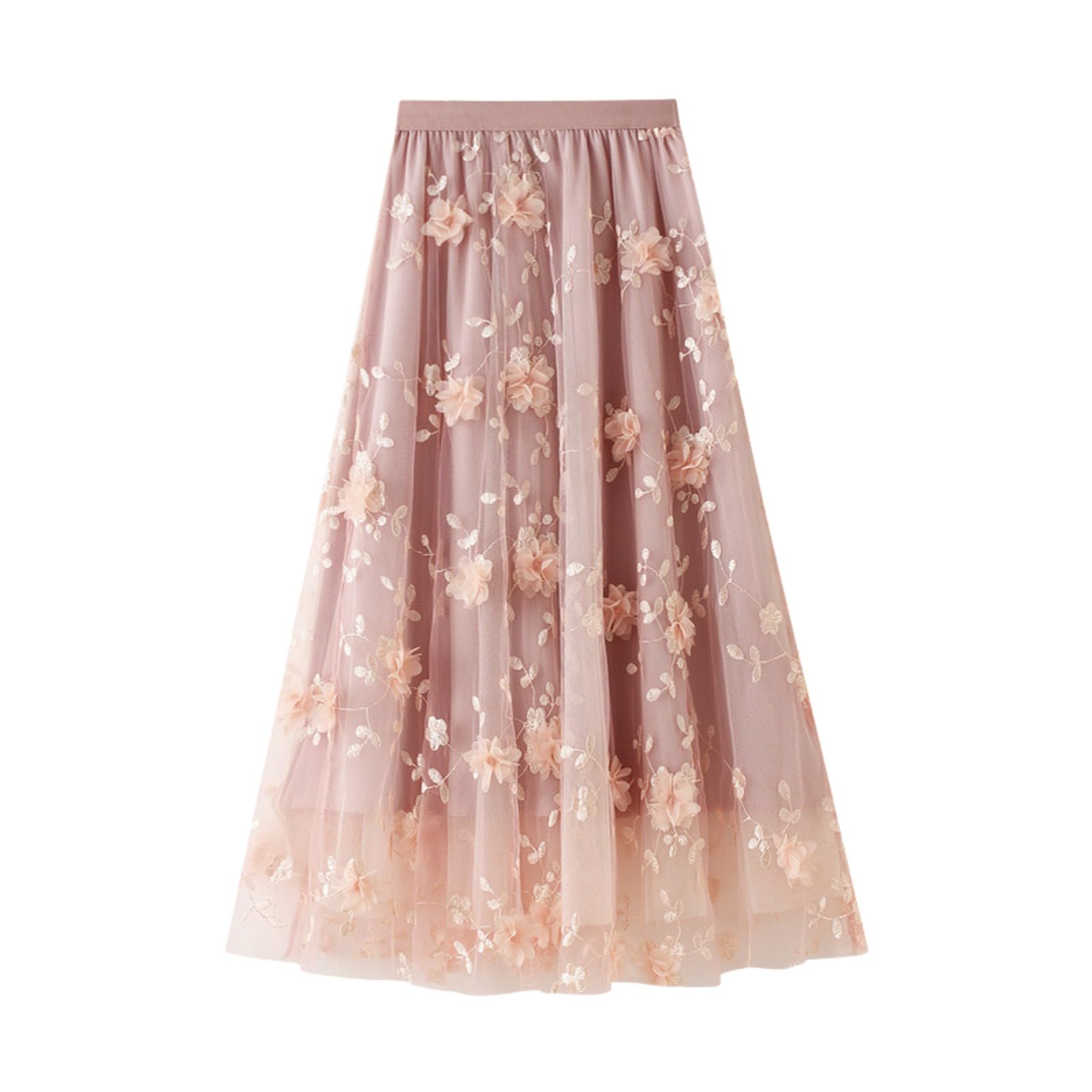 Mujer Faldas-Falda de Mujer de Talla Grande con Bordado de Malla y Cintura Alta, Estilo Industrial, Nueva Falda Larga literaria de Corte A