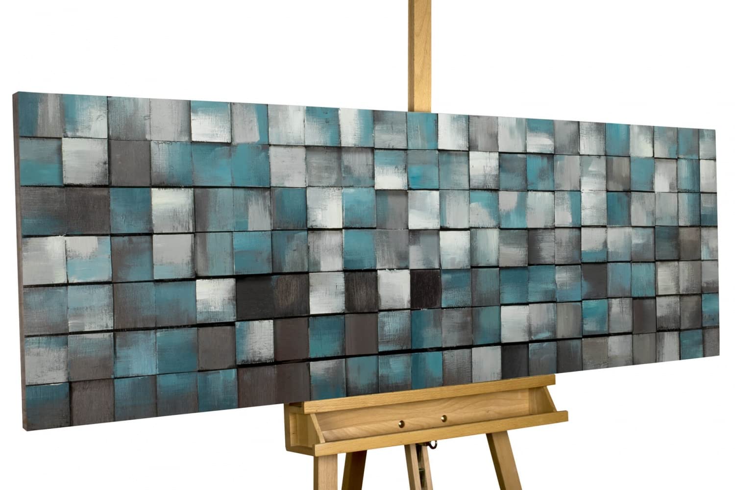 KunstLoft Wanddeko Holz rustikal | 100% HANDGEFERTIGT | 144x44x7cm | Holzbild 'Ruhe des Blauen' | Abstrakt | Grau Blau | Wandbild Holz