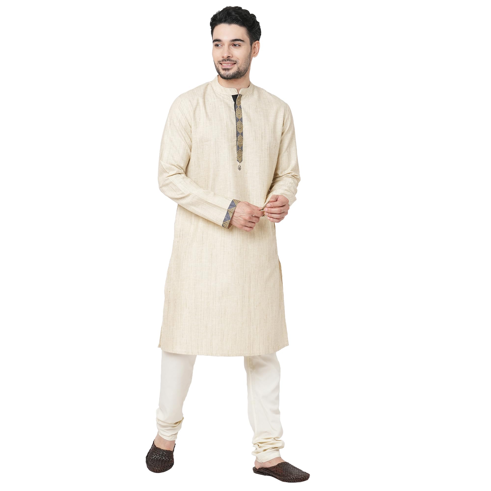Men’s Cotton Beige Full Sleeve Textured Long Kurta | Placket Embroidered Regular Fit with Mandarin Collar | Button Closure | Knee Length-image-5