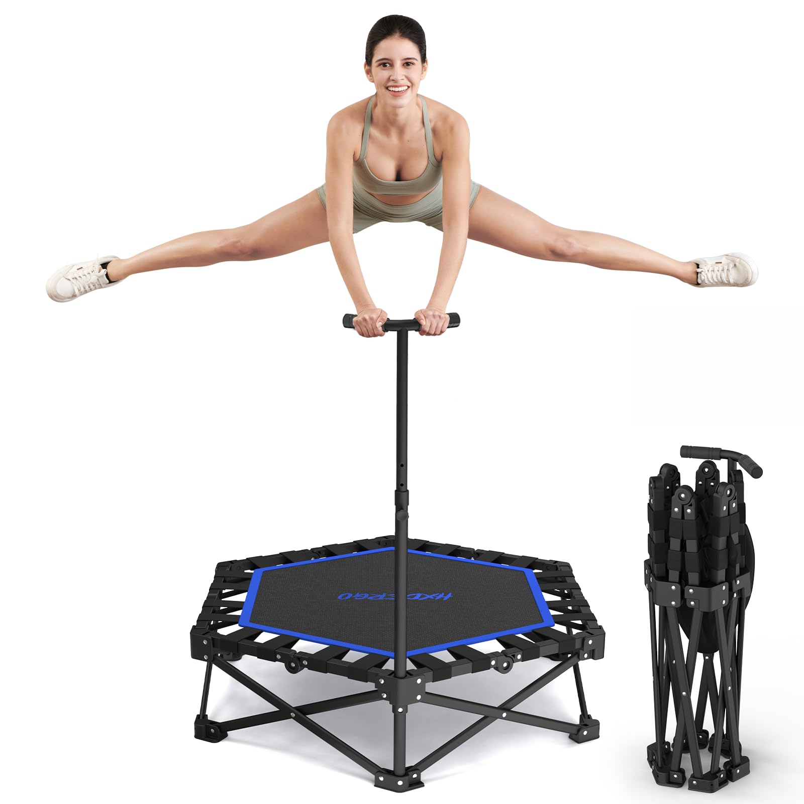 HXD-ERGO Trampolín de Fitness 106,5 cm Plegable para Adultos y Jóvenes, Cama Elástica Compacta con Agarre Regulable, Alta Resistencia y Diseño Silencioso para Entrenamiento en Casa (Azul)