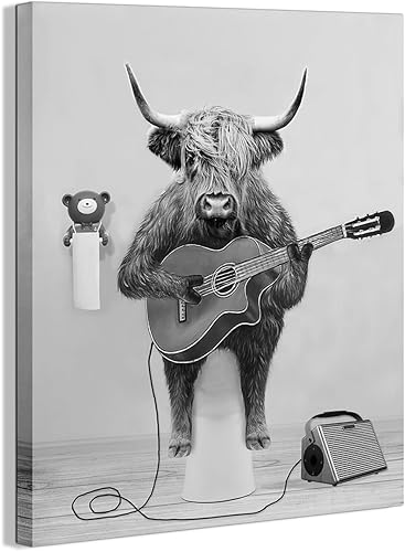 Decoración de baño de vaca de las montañas, divertidas imágenes artísticas de pared de baño de vaca de las tierras altas, lienzo blanco y negro que