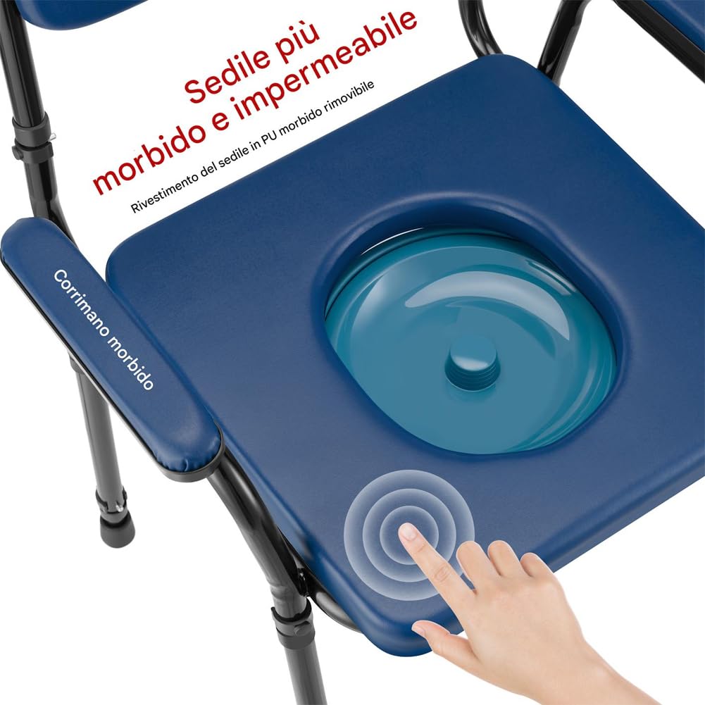 BAKAJI Sedia WC Pieghevole e Leggera con Vaso Rimovibile e Altezza Regolabile per Anziani, Disabili, Persone con Mobilità Ridotta, Water Seduta Salvaspazio con Base Antiscivolo 57 x 49 x 84–99,5 cm