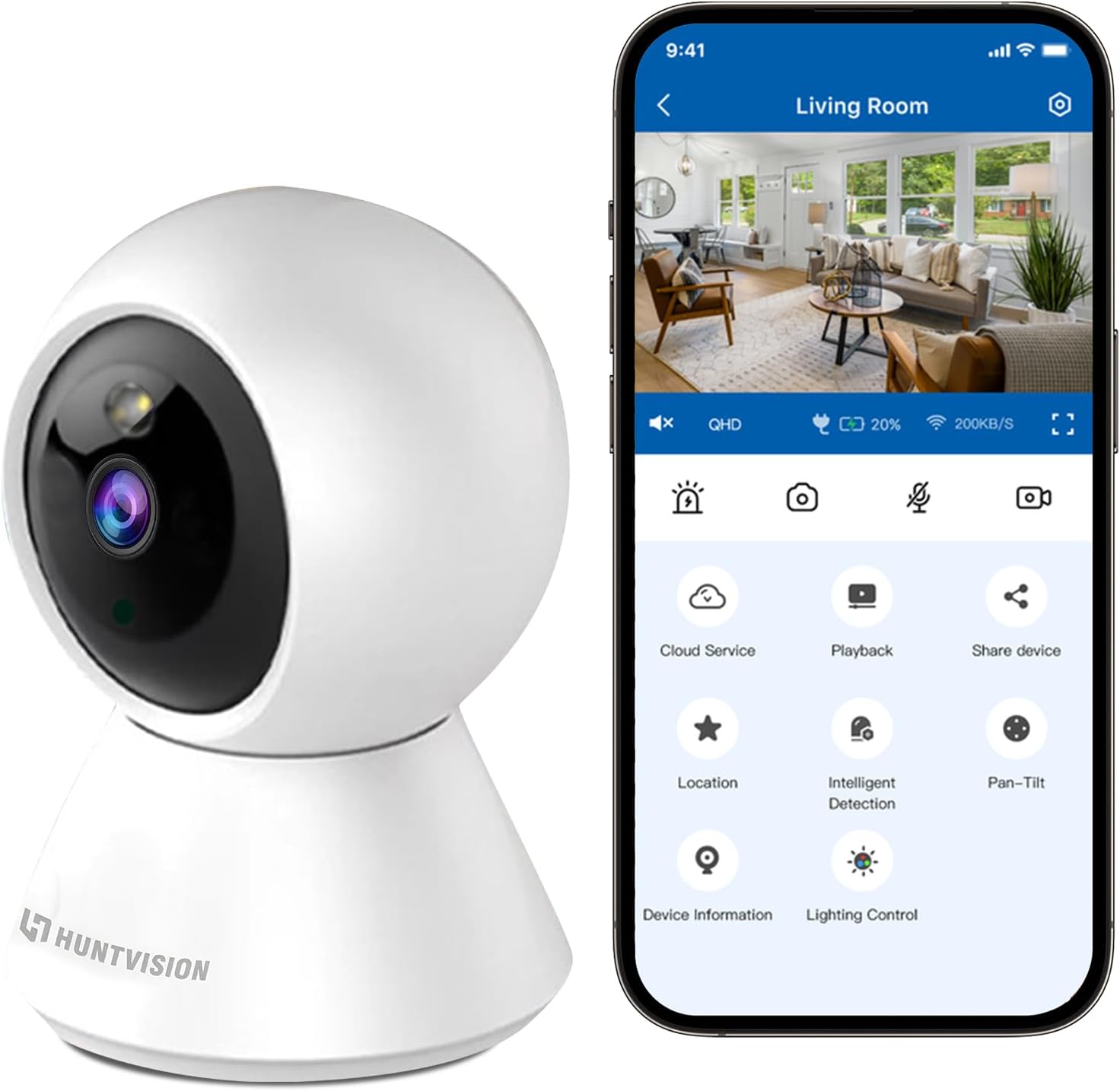 HuntVision E3-W camera next to a smartphone displaying the Ivy Smart APP interface.