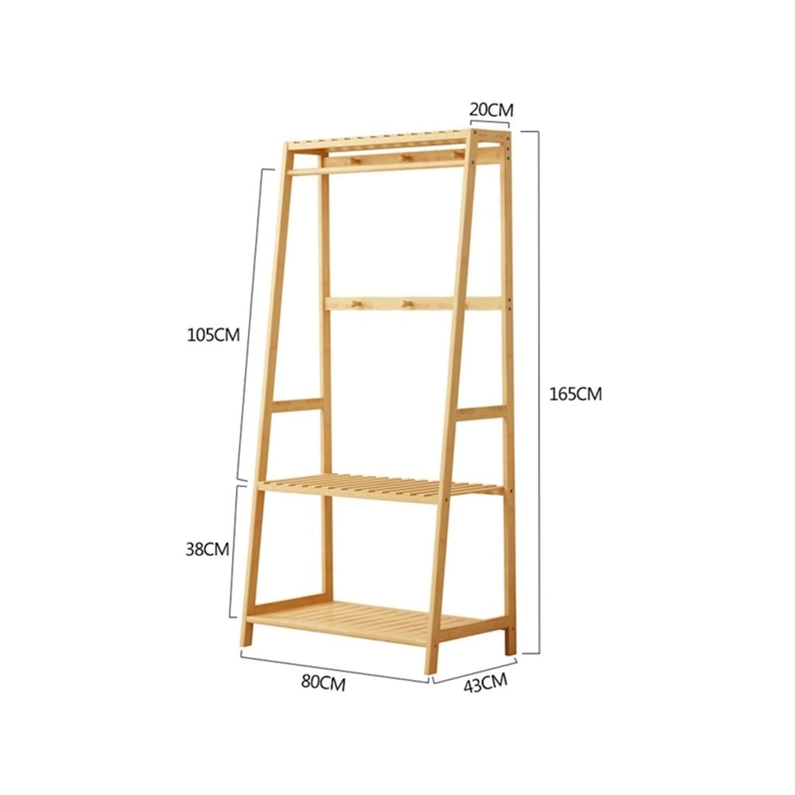 Kleiderstange, Wäscheständer aus Massivholz, vielseitiges Garderobenregal mit 6 Haken, 3 Lagerregalen, langlebiger Präsentationsständer, Eingangsbereich, Balkon, Wohnzimmer, Schlafzimmer, 165 cm