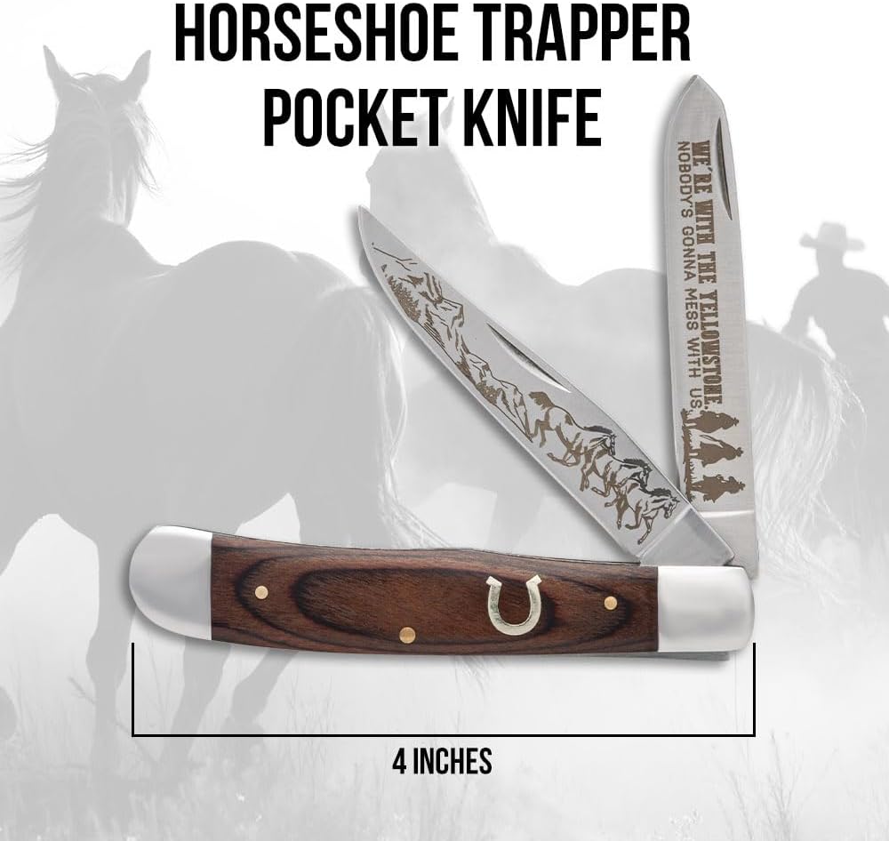 BUDK Horseshoe Trapper Pocket Knife | 3" Clip And Spey Blades | Western Themed Folding Knife | Wooden Handle With Brass Inlay | Cowboy Etched Blades | 7 1/4" Overall Length