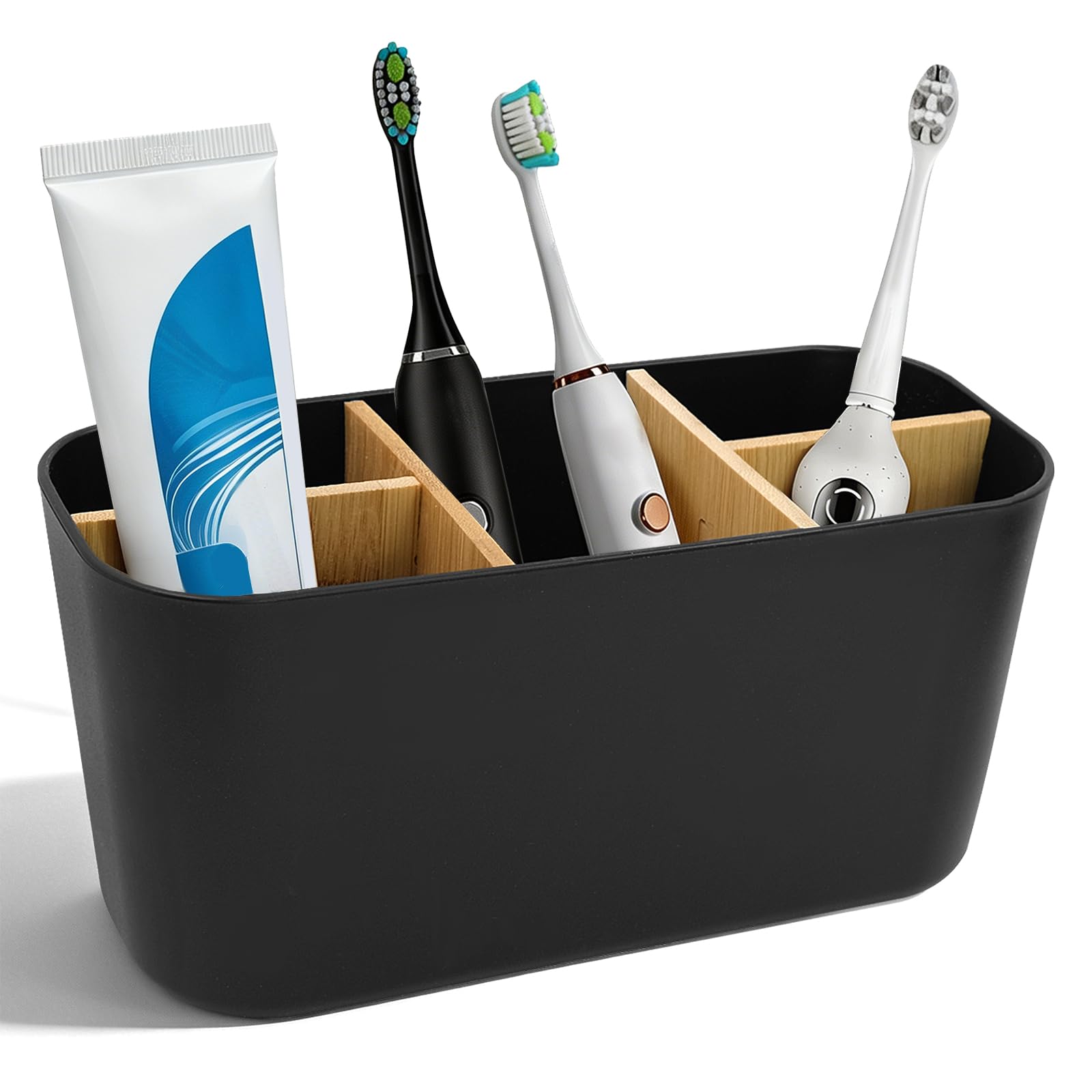 Toothbrush Holder for Bathroom, Wooden 5 Compartment Toothbrush Organiser, Multi-slot Toothbrush and Toothpaste Holder Stand for Family Bathroom Countertop Organisation