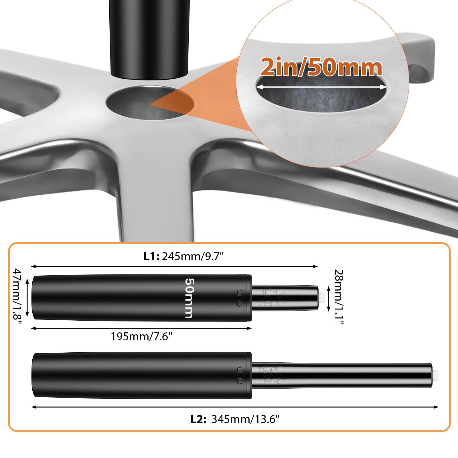Cilindro de Gas para Silla de Oficina, Class 4, 1000LBS (450kg), 245-345mm, Altura Ajustable