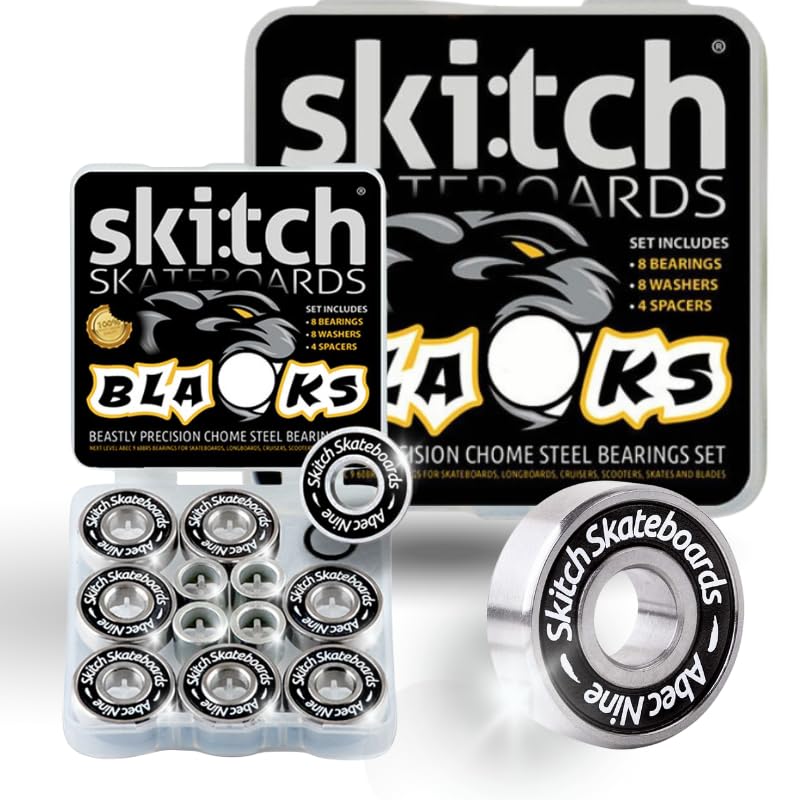 SKITCH Precision Fast Spin Bearings Set | 8 Pack 608 2RS ABEC 9 Chrome Steel Deep Groove Ball Bearing Set for Skateboards, Longboards, Inline Skates, Scooters | + Washers + Spacers | 8mm x 22mm x 7mm
