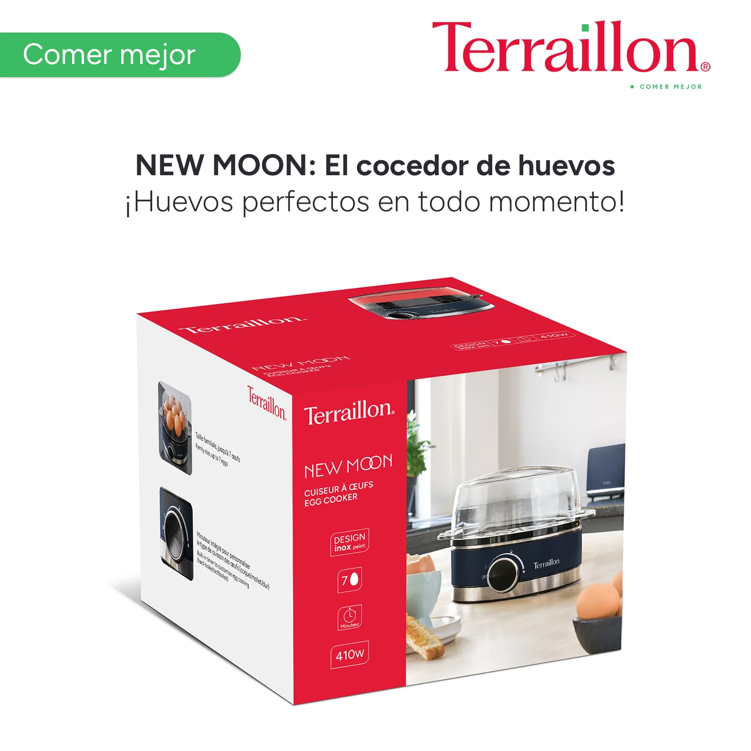 TERRAILLON - NEW MOON - Olla de huevo eléctrica, capacidad 7 huevos, 410 W, temporizador integrado, tapa integrada, vaso de medición, cuerpo de acero inoxidable pintado, azul