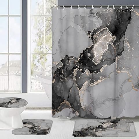 Gray Marble Shower Curtain Set with Rugs Cover