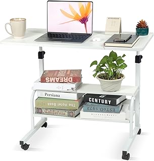 Small Desks Portable Laptop Computer Desk for Small Spaces Adjustable Desk Standing Desk for Bedrooms Couch Desk for Home Office Table Mobile Rolling Desk on Wheels 31.5" White Desk with Storage