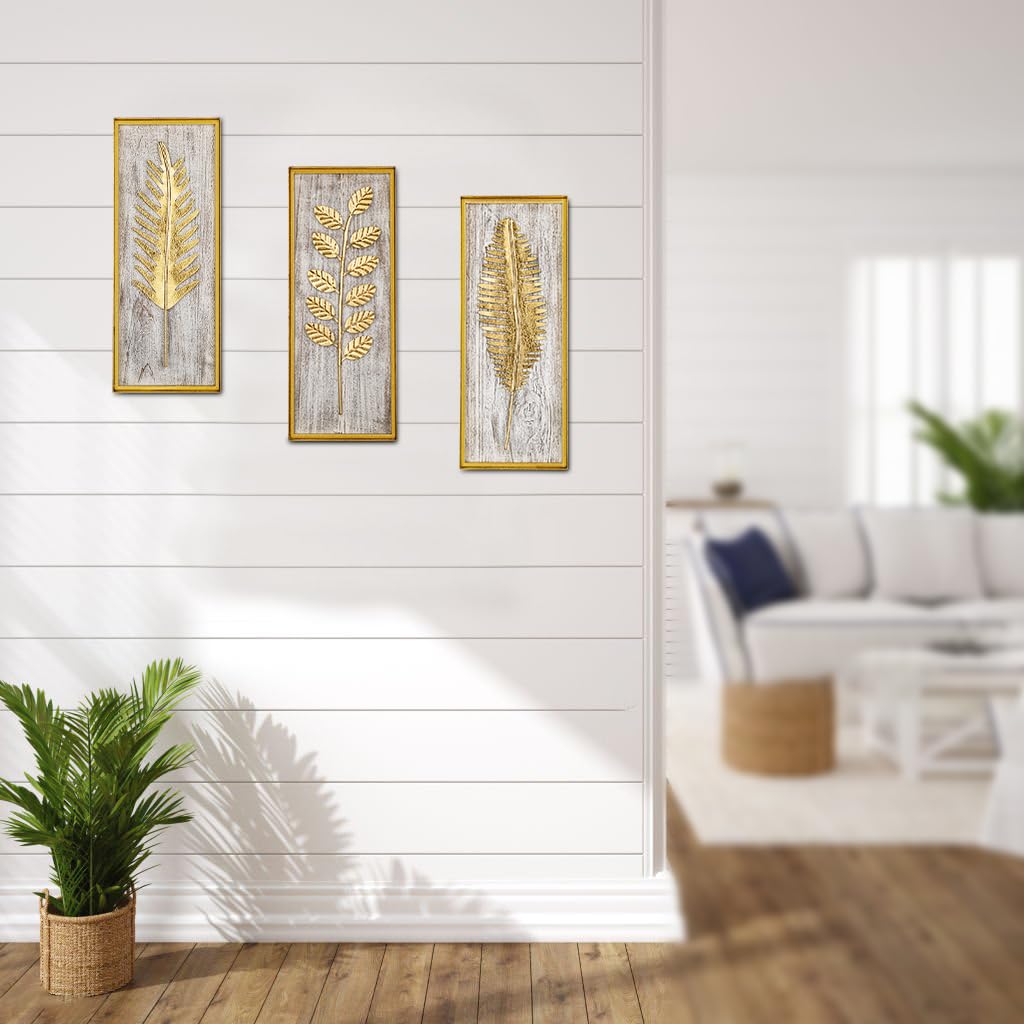 Briful Metall Wanddeko 3er Set – Goldene Blätter auf Holzoptik, 40x16 cm – Modernes Wandbild aus Holz & Metall – Wohn- & Schlafzimmer Deko, Boho Vintage Stil, Wandkunst mit Naturmotiv