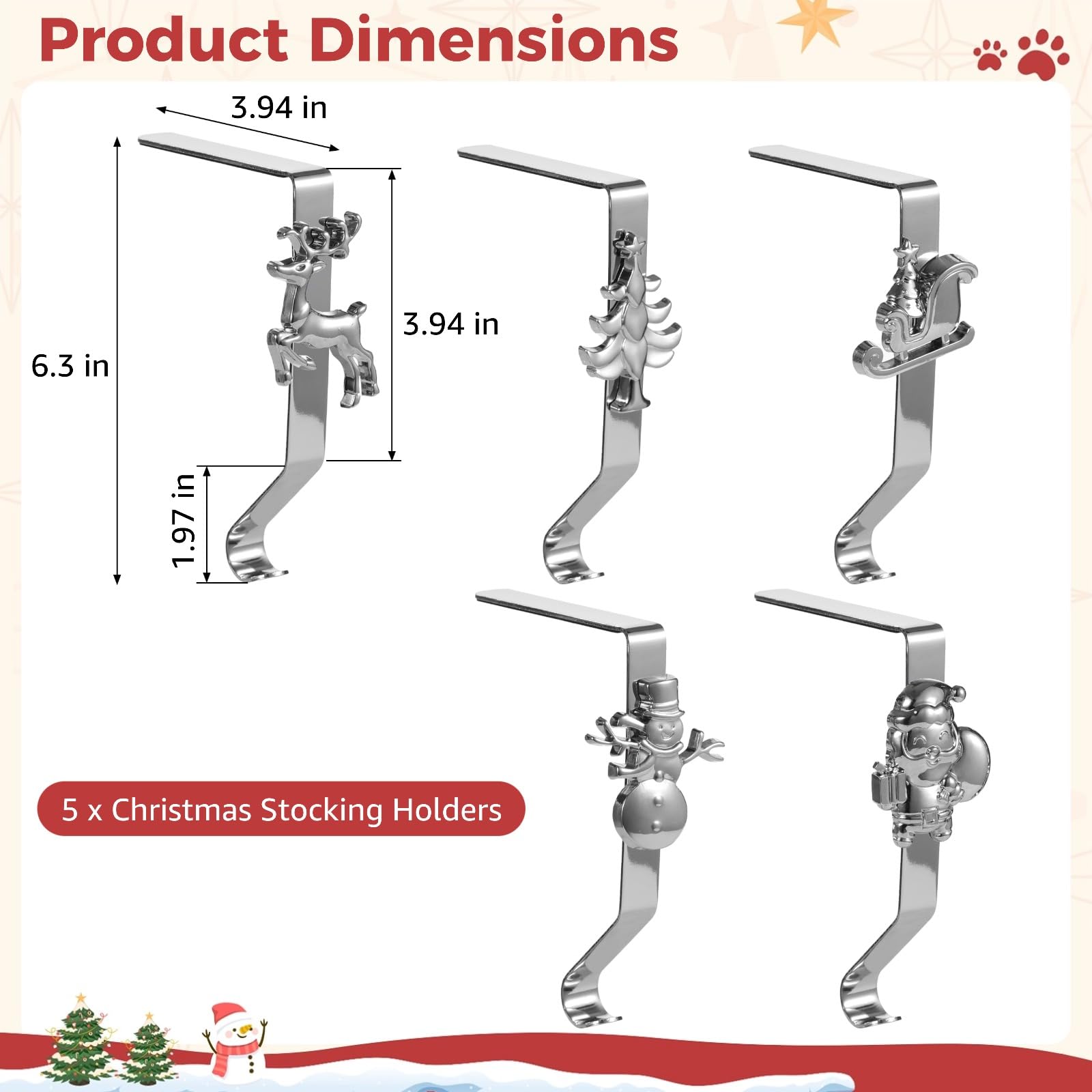 5 soportes para calcetines de Navidad para chimenea, ganchos de metal plateado con ciervos, muñeco de nieve, árbol, trineo, Papá Noel, ganchos resistentes para mantel, 16 x 9,9 cm