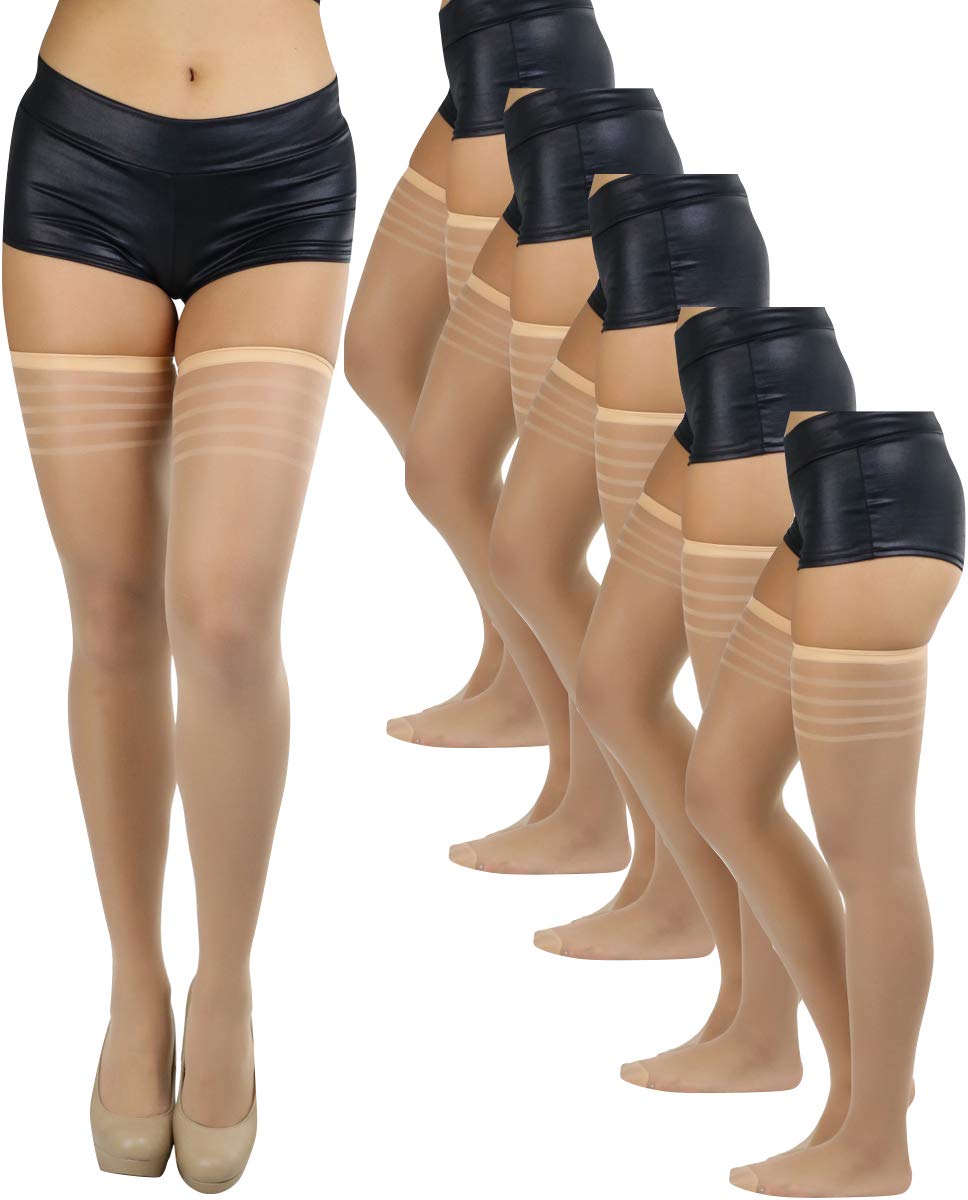 ToBeInStyle Women’s Pack of 6 Top Stripe Band Sheer Thigh High Stockings