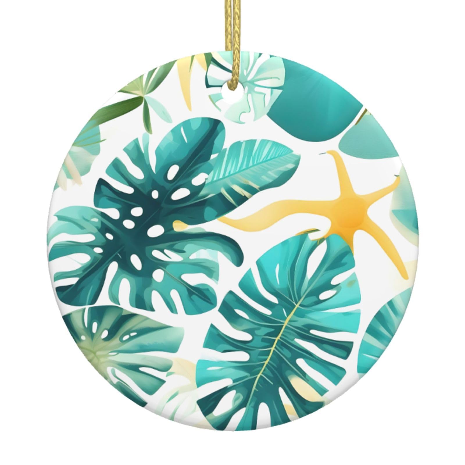 Tropical Beach Plant Theme Print Christmas Ornaments, Ceramic Hanging Ornament, Round Shape Decorations