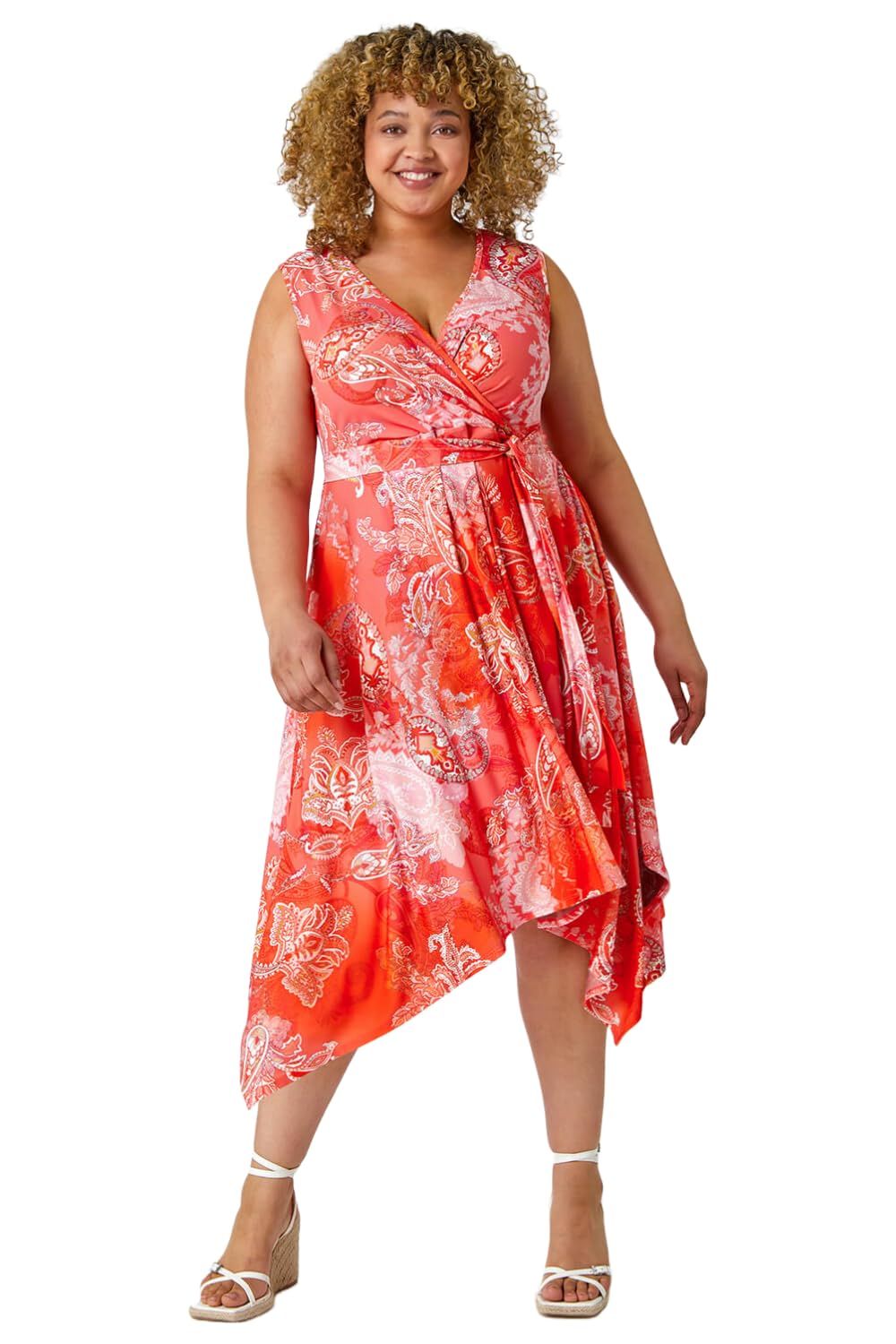 Roman Originals Women's Orange Curve Paisley Hanky Hem Stretch Dress For Uk - Everyday Holiday Spring Summer V Neckline Comfy Soft Evening Vacation Work Party - 22-24 Plus