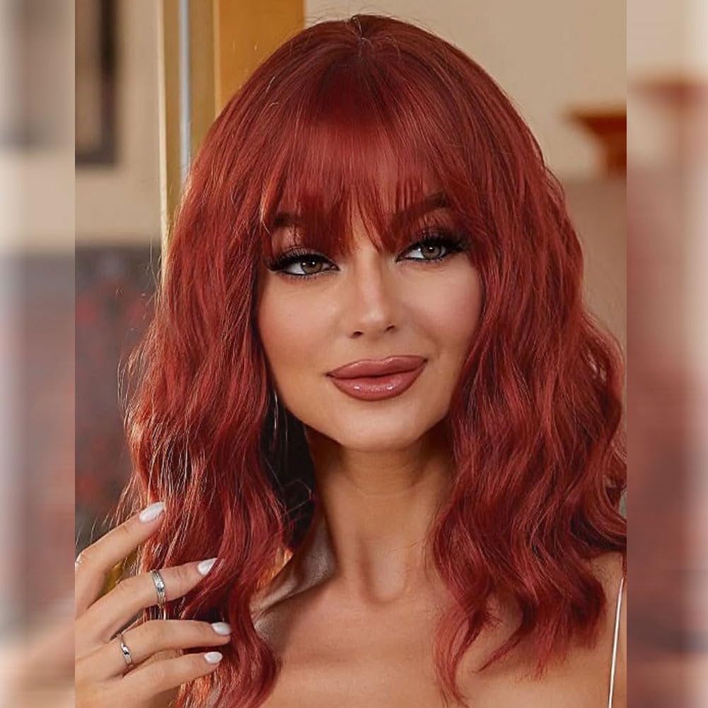 LOSMOEER Auburn Wig with Bangs Short Wavy Copper Red Wigs for Women Shoulder Length Curly Bob Wigs Heat Resistant Synthetic Wigs for Halloween Cosplay Daily Party Use 14 Inch Reddish Brown